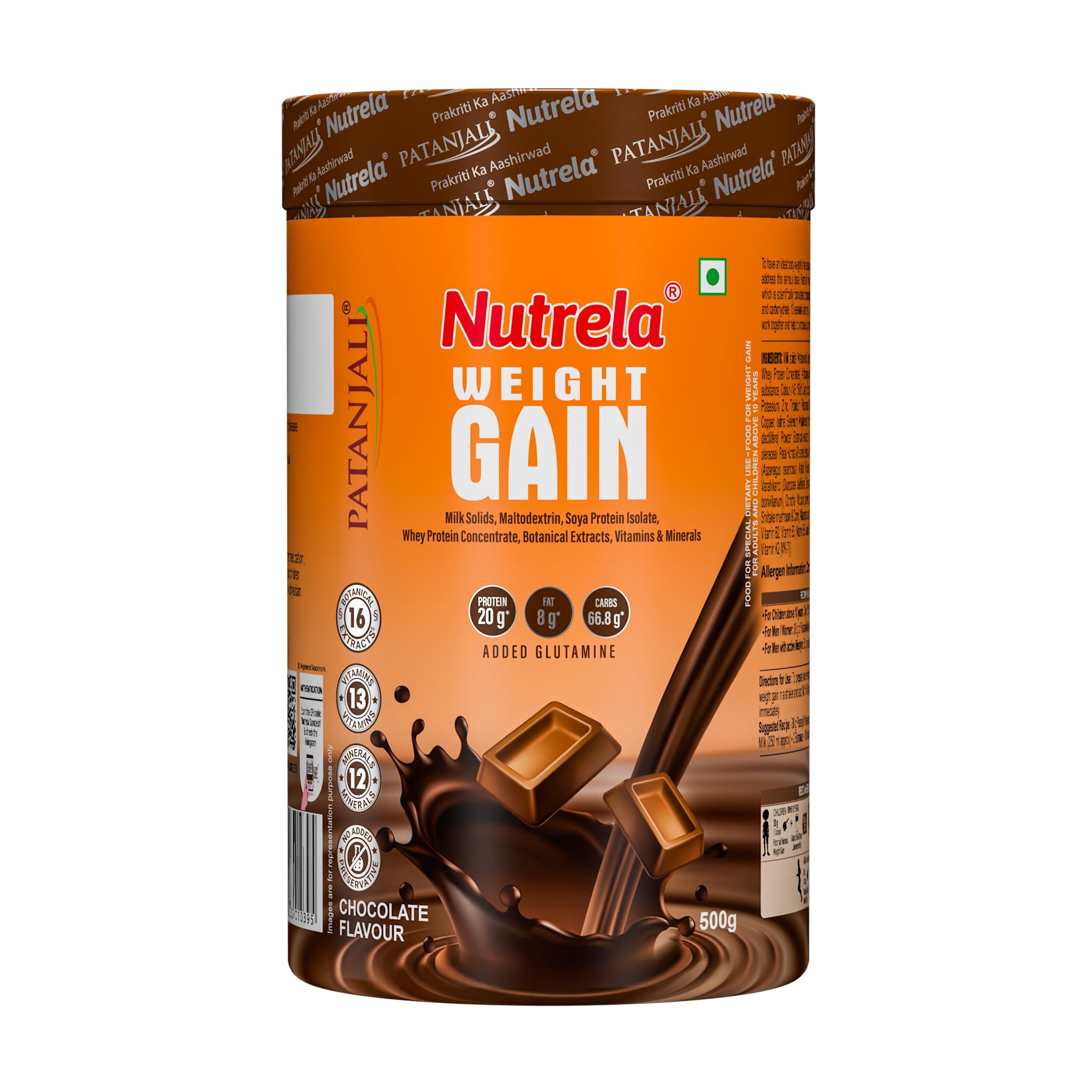 Nutrela Weight Gainer Powder - 500 grams,Chocolate Flavour|20 grams Protein,66.8 Carbs,13 Vitamins & 12 Minerals with Kh&sari Sugar|Ideal for Athlete,Men,Women & Kids above 10 Year