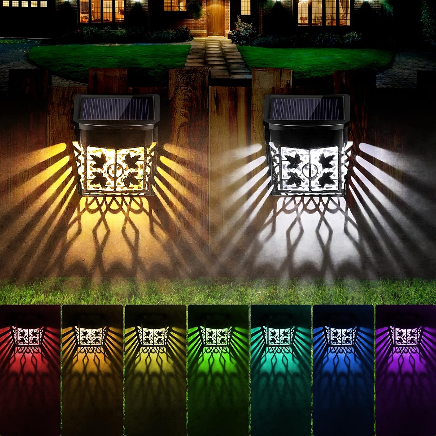 Solar Fence Lights, 2 Pack Solar Deck Lights with 4 Optional Modes Color Changing/Constant Color/Warm White/Cold White, Waterproof Garden Decorative Solar Outdoor Lights for Steps, Yard