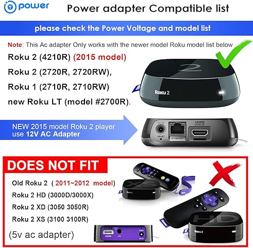 Miniatura 2 de T-Power Adaptador de CA de 12 V para 2015 Modelo Roku 3 4230R Reproductor de medios de transmisión Modelo 4200R 4200X FA-1201000SUC FCC ID :