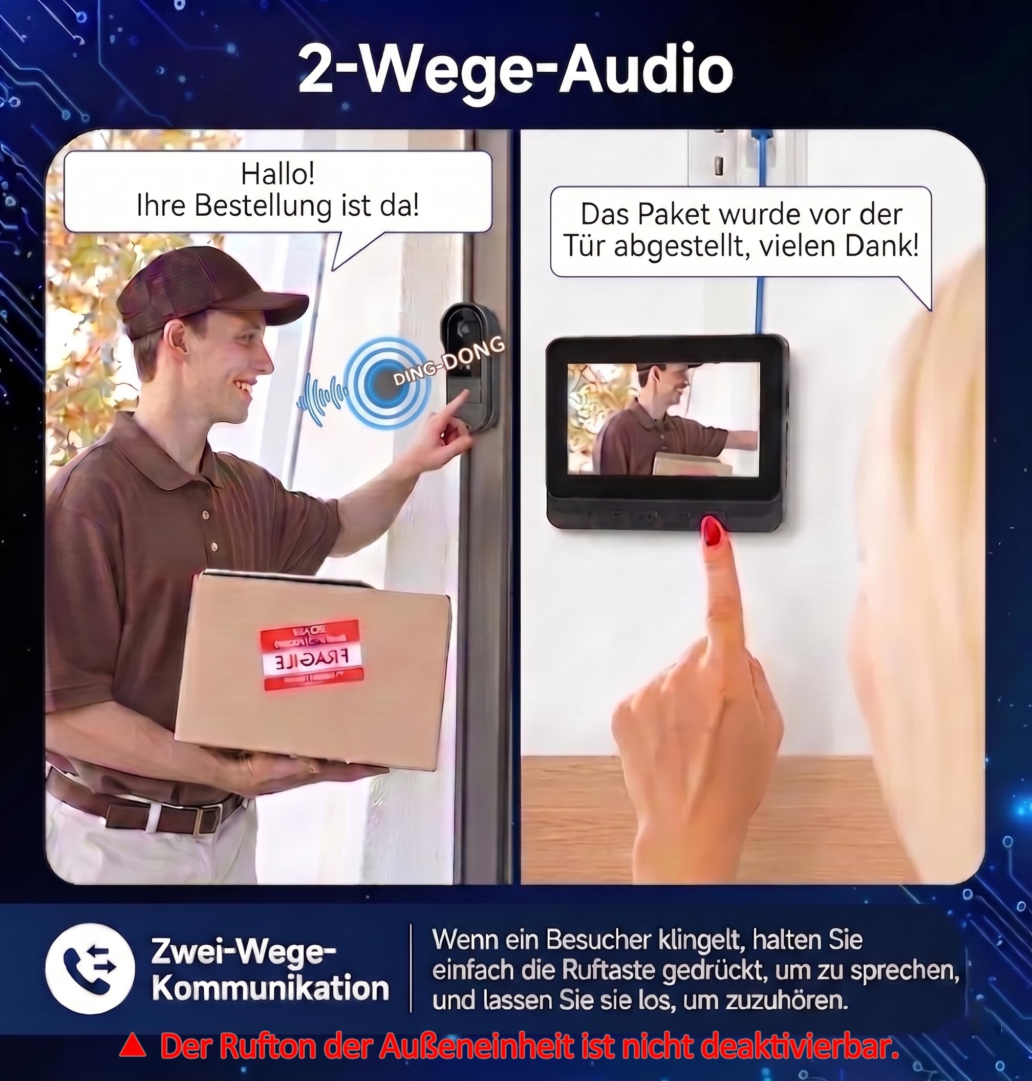 Drahtlose Video Türklingel mit Kamera Outdoor IP65 Wasserdicht 1080P kabellose Türklingel 4,3 Zoll IPS Bildschirm Türklingel Funk 170° HD Kamera Gegensprechanlage Infrarot Nachtsicht Zwei-Wege-Audio