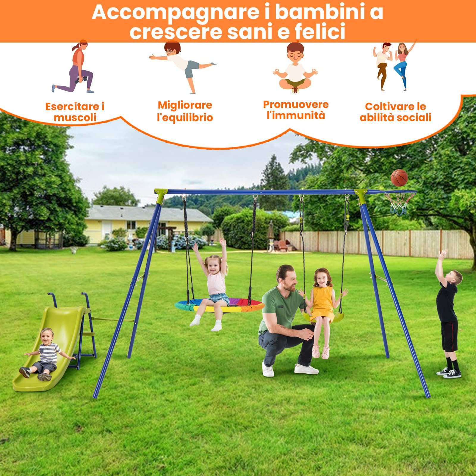 COSTWAY 4 in 1 Set di Altalena da Giardino per Bambini con Scivolo, Canestro Basket, Altalena a Nido, Altalena con Sedile, Corde Regolabili e Struttura in Metallo, per Interno ed Esterno