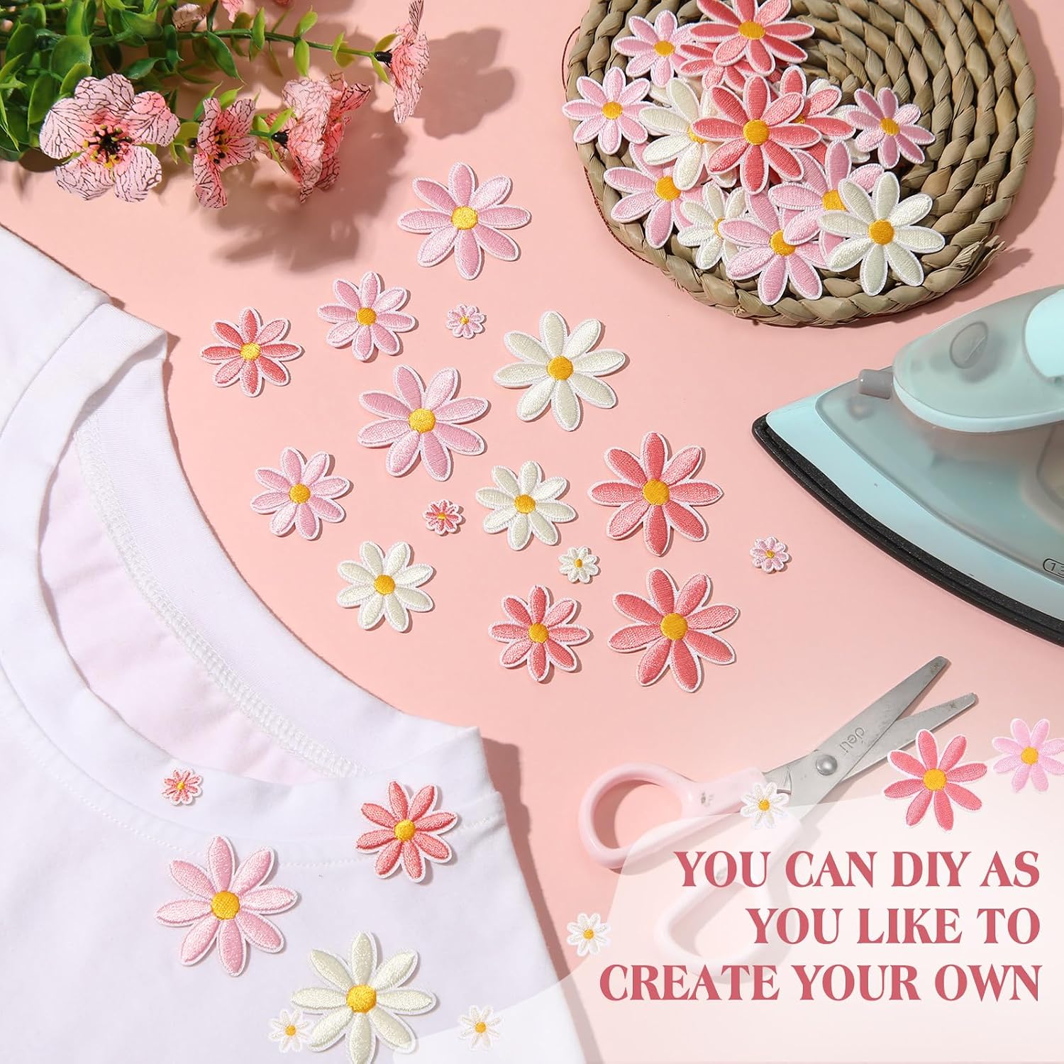 Lyrow 60 Pcs 3 Sizes Daisy Flower Iron on Patches Cute Colorful Flower Embroidered Sew on Applique Patches for Bags Hats Backpacks Shoes T-Shirt Clothes DIY Accessories(Beige, Light Pink, Pink)