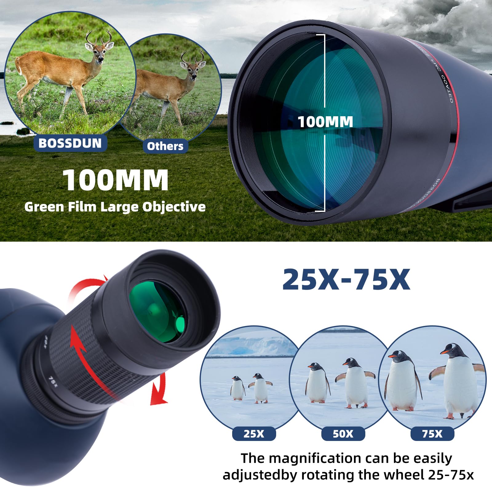 Cannocchiale 25-75x100 con Treppiede, Adattatore per Telefono e Borsa per il Trasporto, BAK4 Cannocchiale Professionale per Caccia, Tiro a Segno, Birdwatchingr il trasporto, per il tiro al bersaglio