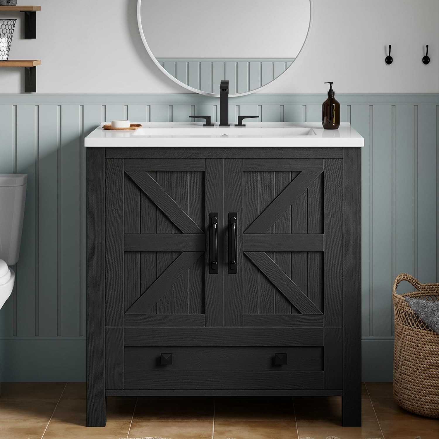 YITAHOME 30 Inch Farmhouse Bathroom Vanity with Sink, Small Space Bathroom Storage Cabinet with Large Drawer, 2 Wood Barn Doors with Built-in Door Racks