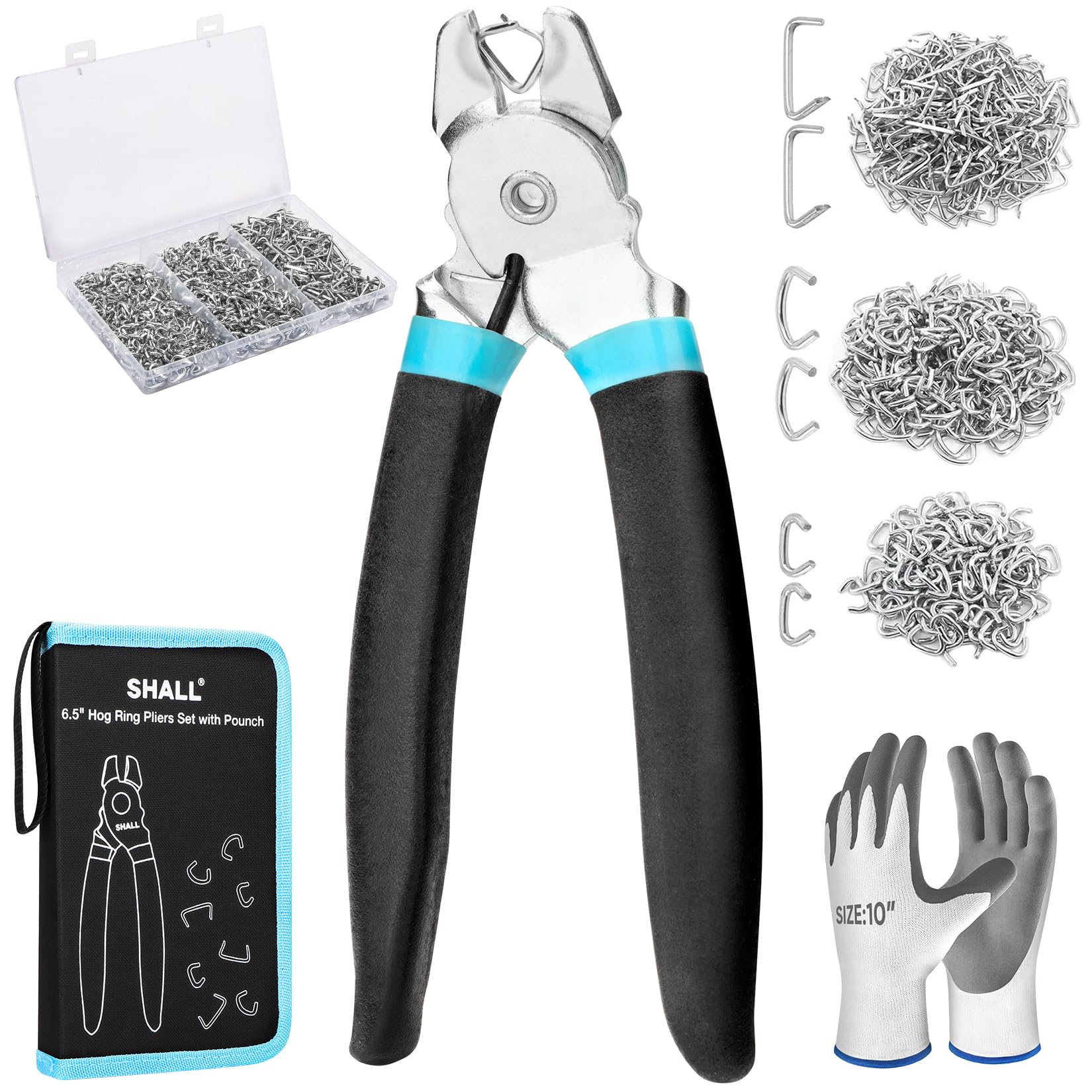 SHALL Bent Hog Ring Pliers Kit with 600pcs Galvanized Hog Rings (3/8’’, 1/2’’, 3/4’’) for Upholstery, Fence, Animal Pet Cages, Bungee Cords, Bagging,