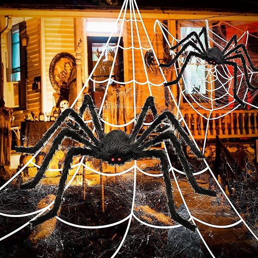 Halloween Decorations, 2Pcs 50'' Giant Spider + 200'' Triangular Spider Web and 100'' Round Spider Web, with Hook, Stretch Web and Ground Pile for Indoor Outdoor Halloween Decor Haunted House Props