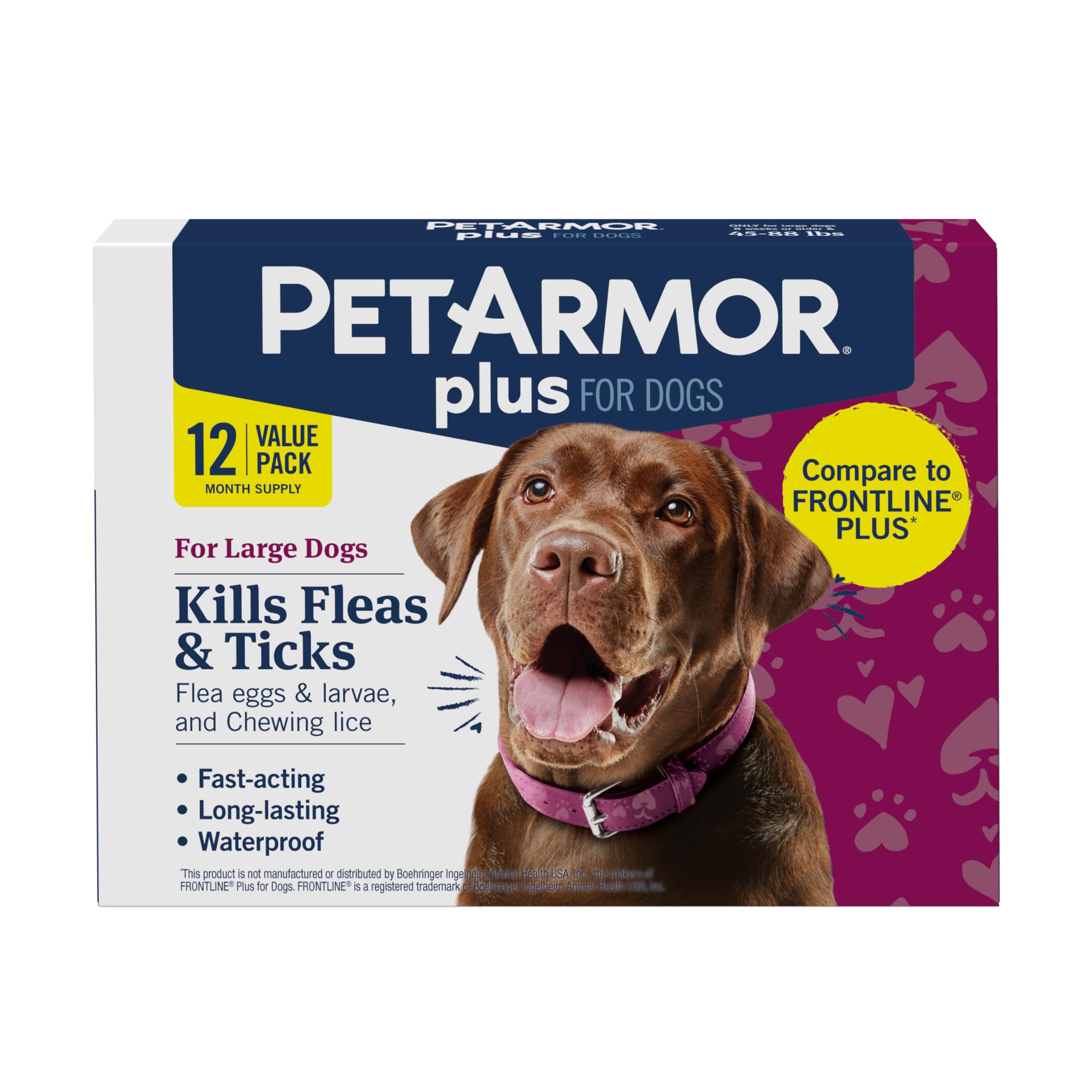 PetArmor Plus Flea and Tick Prevention for Dogs, Dog Flea and Tick Treatment, Waterproof Topical, Fast Acting, Large Dogs (45-88 lbs), 12 Doses