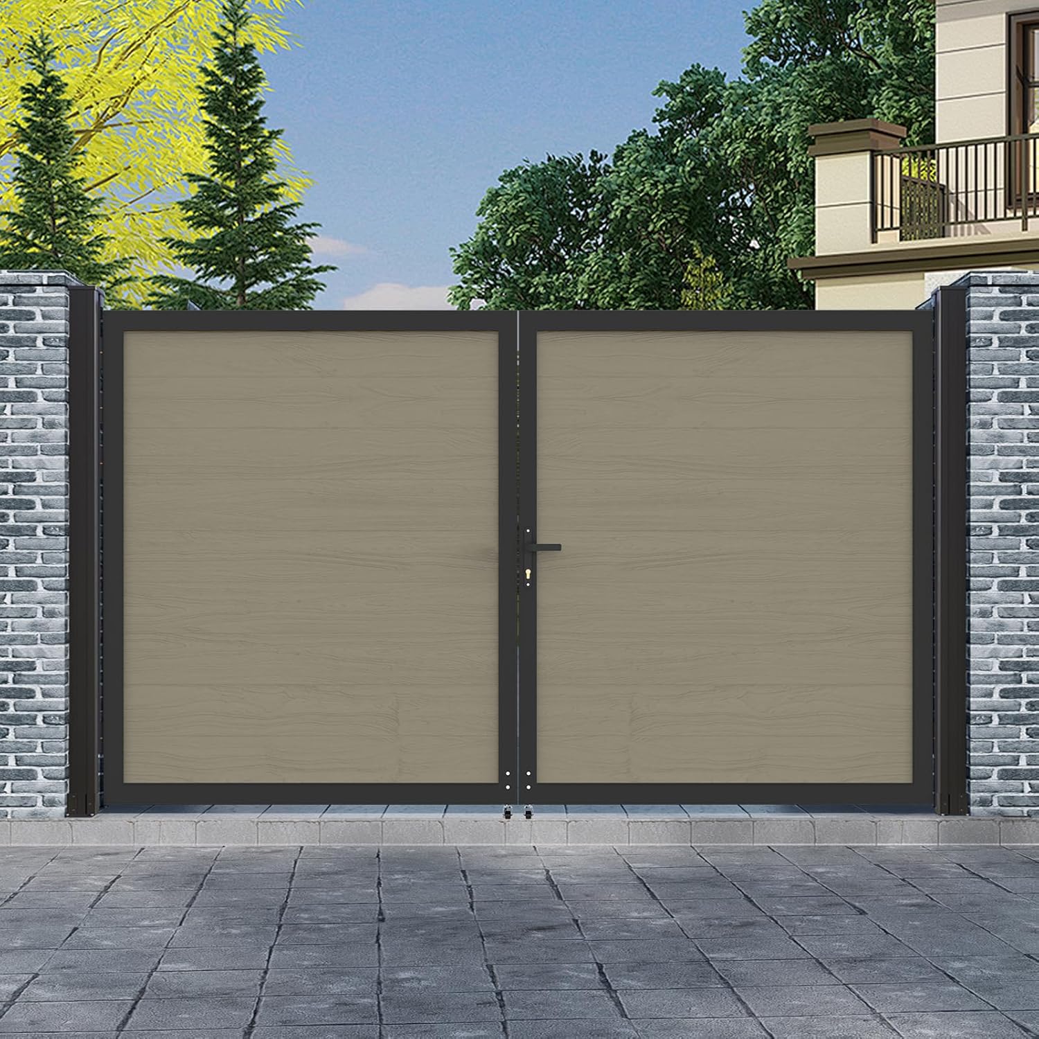 Mondaria 6ft(H)*10ft(W) Wood Plastic Composite Gate for Privacy Fence, Double Fence Gate with Metal Frame and Knob Kits, Ancient Wood (Without Post)