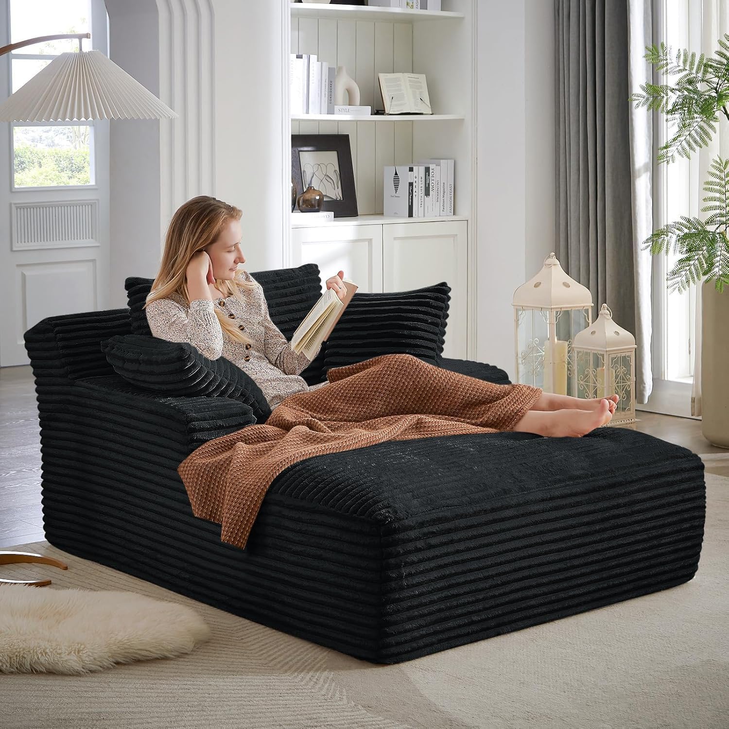 67" Oversized Chaise Lounge Chair Indoor,Boneless Corduroy Sofa Bed with Spring Cushion,Deep Seat Cloud Couch and Reading Lounger,Soft Sleeper Sofa for Living Room,No Assembly Required, Dark Grey