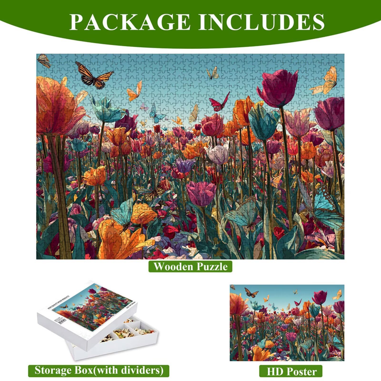 Puzzle 2000 elementów - Tulipan i motyl - Trwałe drewniane puzzle z literami z tyłu - 70 x 100 cm - Kreatywne hobby bez kurzu - Artykuł kolekcjonerski i ponad 14 lat P3#160