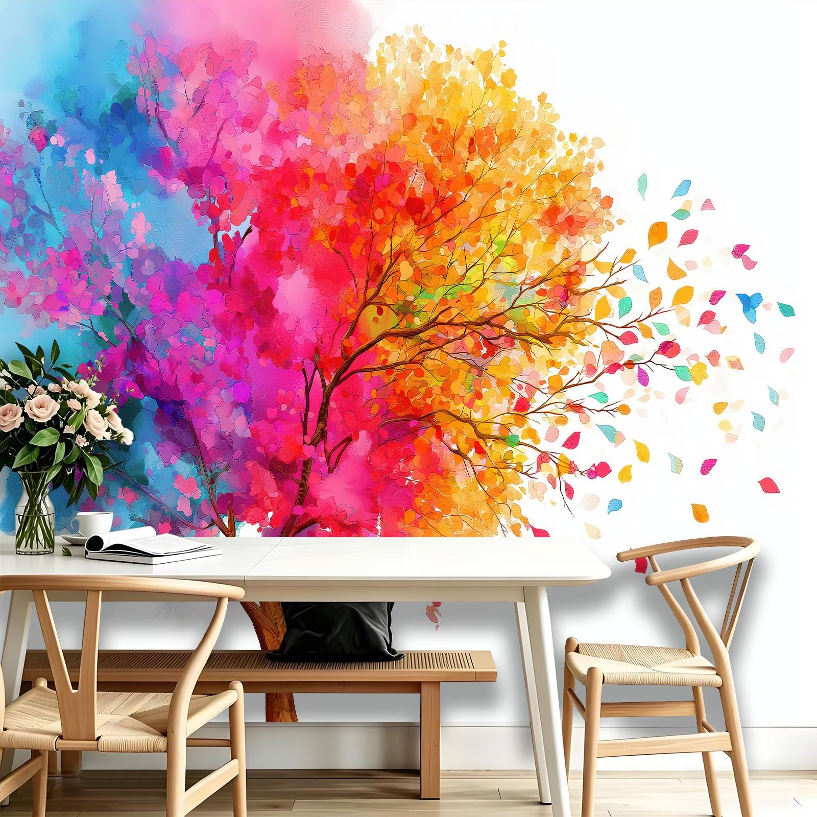 Papel pintado fotográfico abstracto de árboles y hojas, efecto 3D, XXL, 250 x 175 cm, papel pintado no tejido blanco, papel pintado fotográfico para pared para salón, pasillo o oficina