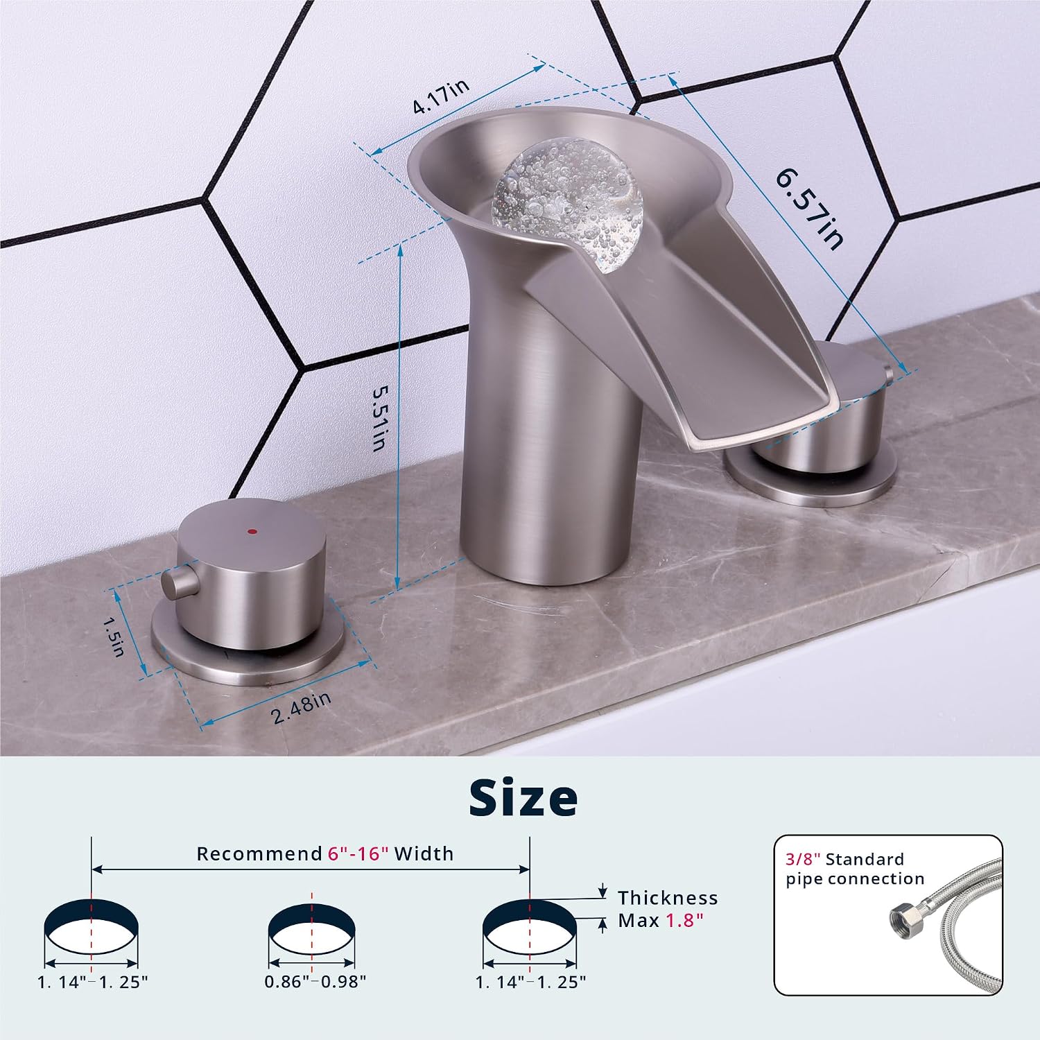 Waterfall Faucet for Bathroom Sink, LED Bathroom Faucet 3 Hole 8 Inch Widespread Vanity Faucet with 2 Handle, 3 Color Changing Light, Brushed Nickel