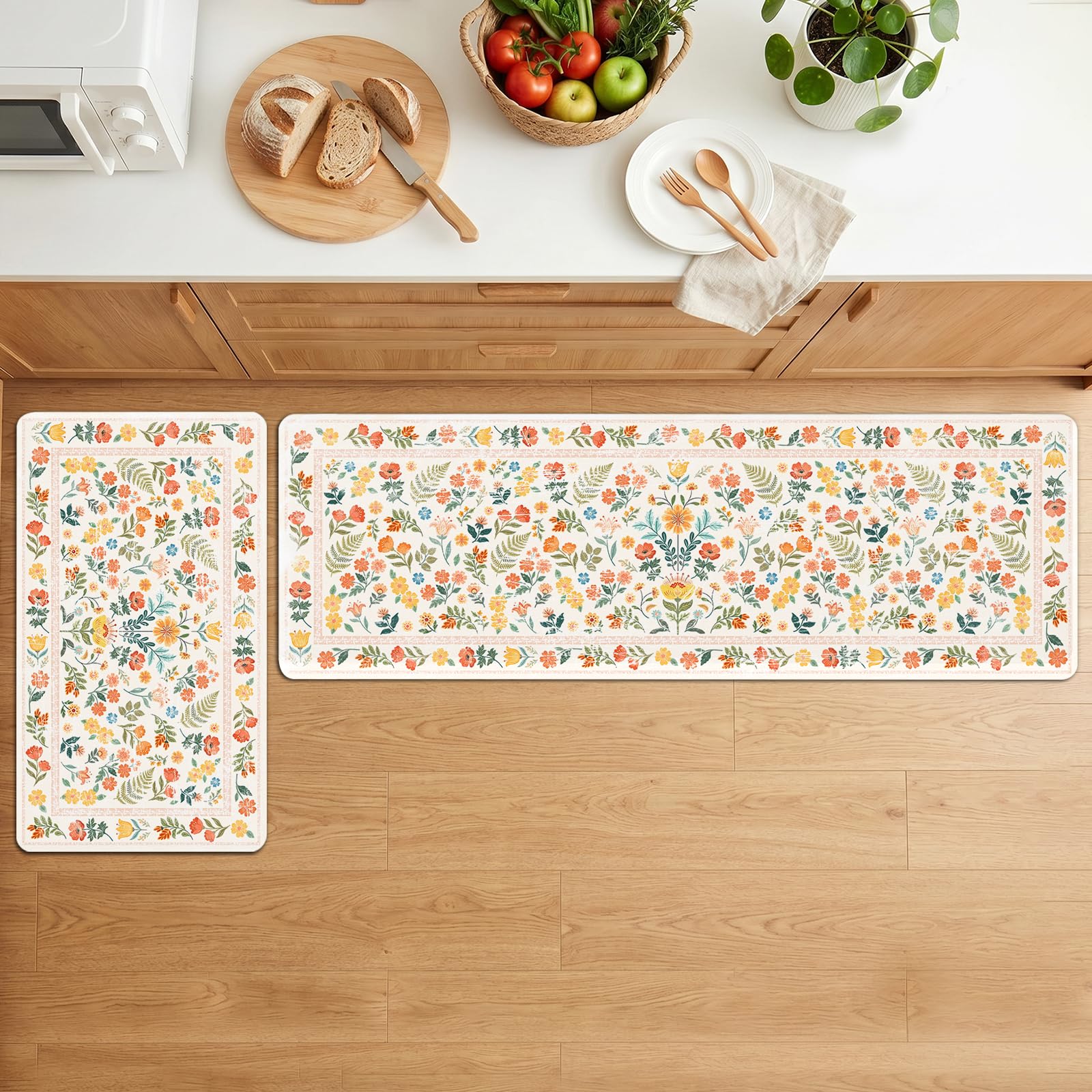 Vighoslyn Flower Rugs for Kitchen Floor, 2 PCS Wipeable Rubber Kitchen Mat, Cushioned Non-Slip Kitchen Mats for Floor, Anti Fatigue Bath Mats, Flower Lover Gift 15.7"×27.5" +15.7"×47"