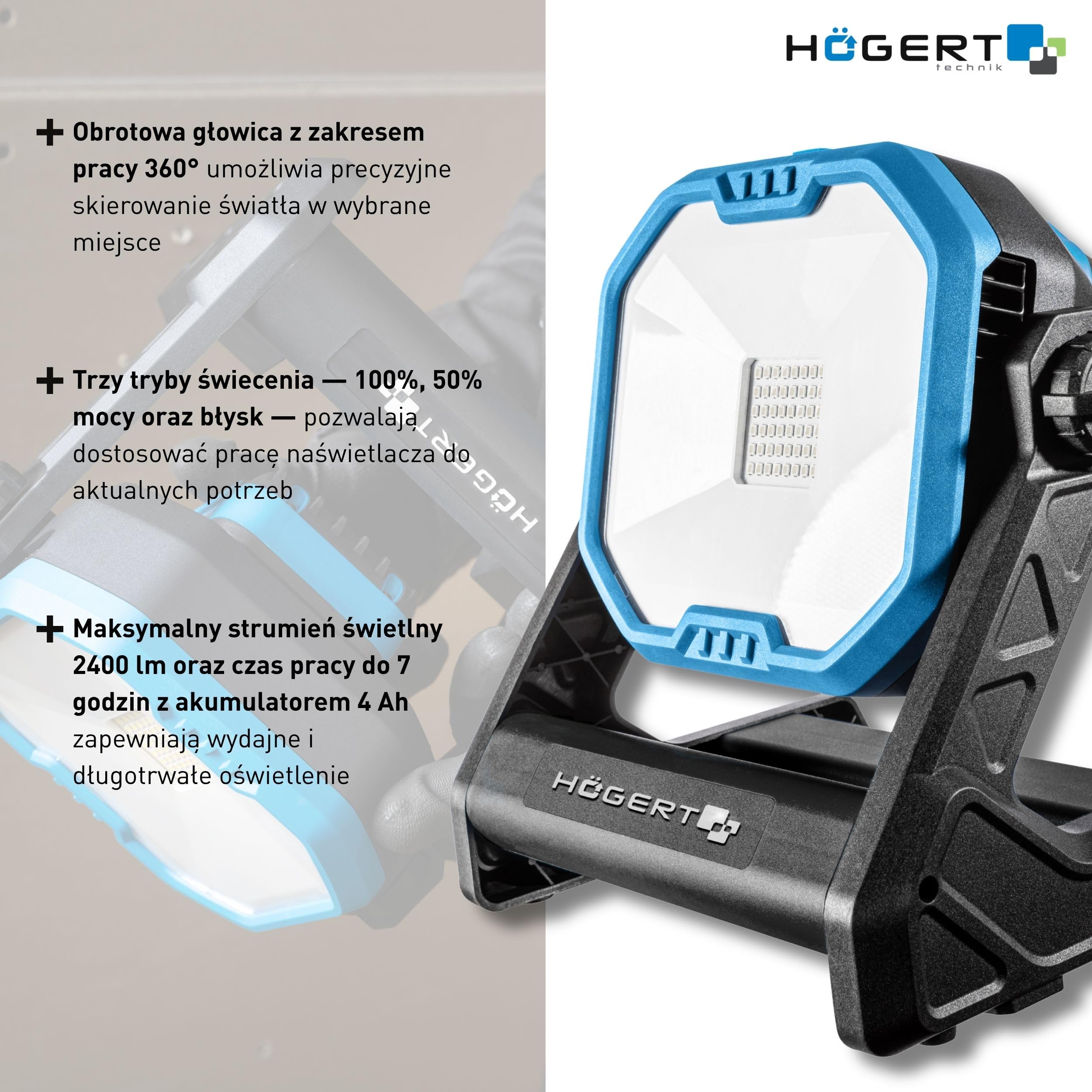 HÖGERT TECHNIK Akumulatorowy reflektor budowlany 18 V, SMD LED reflektor, 2400 lm, obracany o 360°, 3 tryby świecenia, 6500 K, czas pracy do 7 h, zasilanie bateryjne/sieciowe, lekki i wszechstronny,