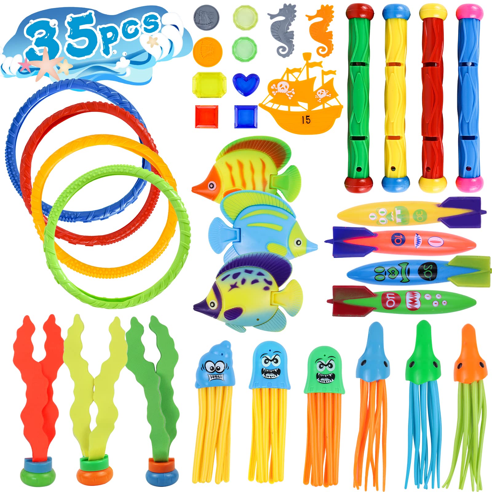 HERKINDNESS Set 4 Aros De Buceo + 4 Sirenas De Colores Para Piscina – Juguetes Acuáticos De ABS, Entrenamiento De Buceo Para Niños