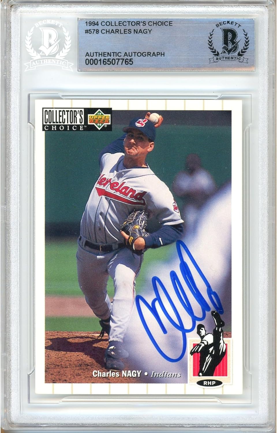 Charles Nagy Signed 1994 Upper Deck Collectors Choice #578 Baseball Trading Card Slab Beckett BAS Authentic Slabbed COA Played For Cleveland Indians Guardians Autograph Memorabilia