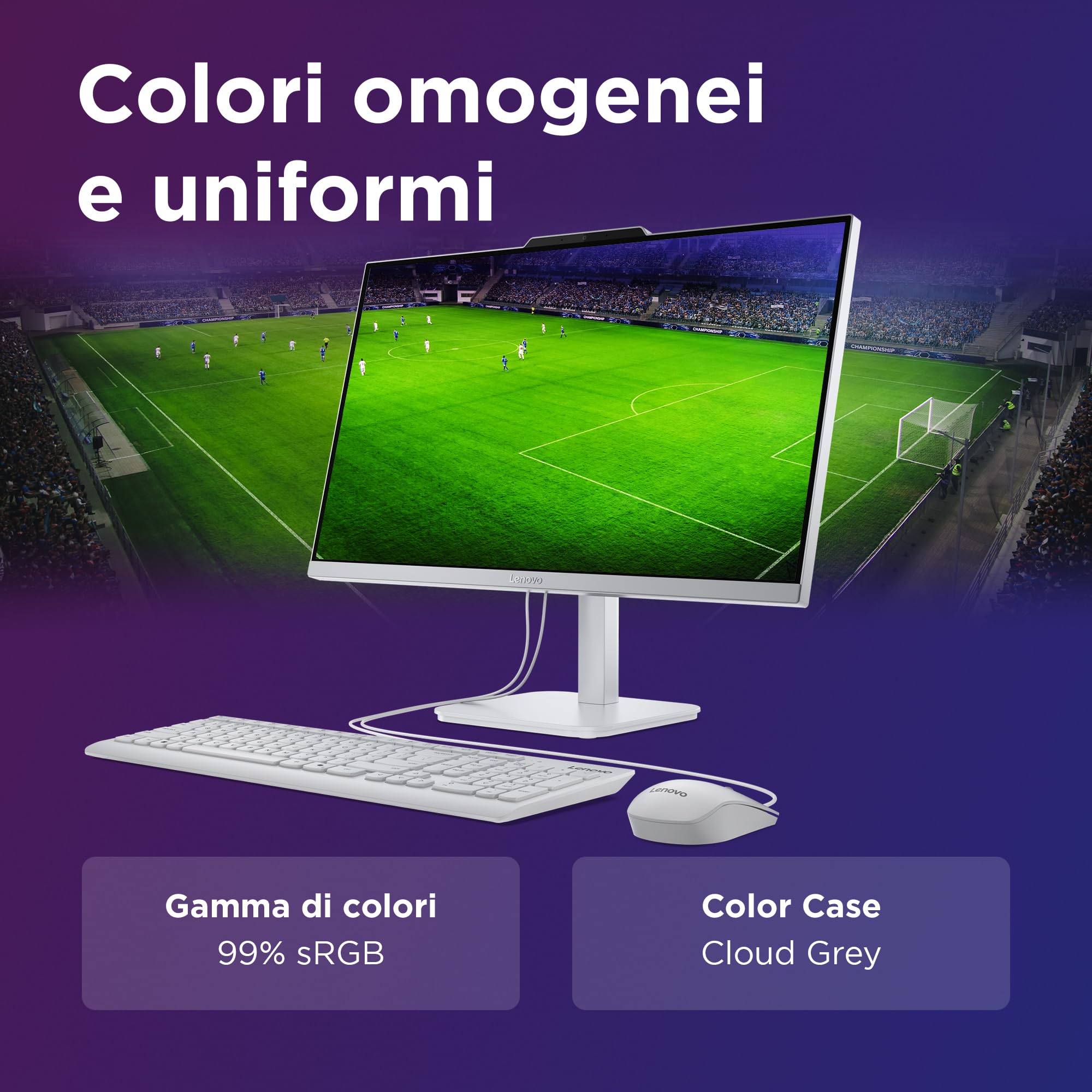 Lenovo A100 All-In-One, Display 24" FHD, Intel N100, 512GB SSD, RAM 16GB, 2Wx2 Audio Speakers, WiFi 6, Windows 11 Home, Tastiera + Mouse Wireless - Cloud Grey