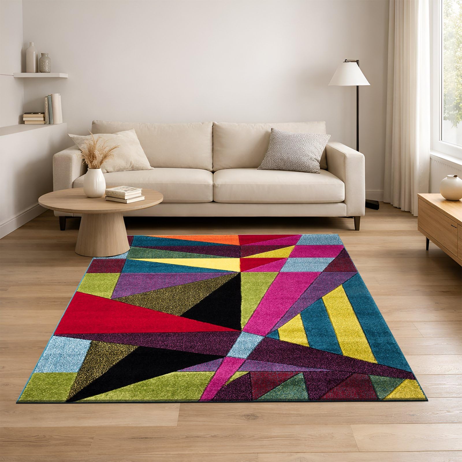 cozily® Medium Pile No Shed Jute Rug Living Room, Multi Coloured Rug for Bedroom - 120 x 170 cm, Polygon - Washable Area Rugs for Lounge, Sitting Room & Dining Room