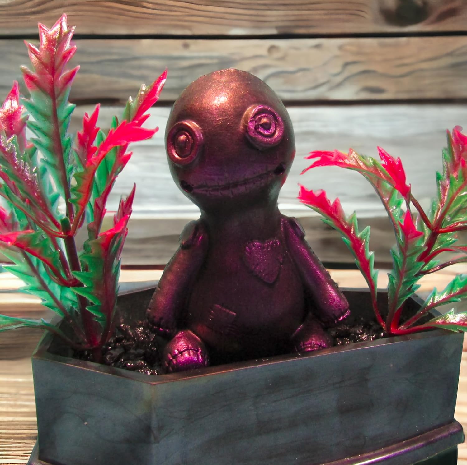 Handmade Purple Voodoo Doll Coffin Aquarium Decoration with Green & Pink Artificial Plant. Gothic Halloween Fish Tank Decor Ornament.