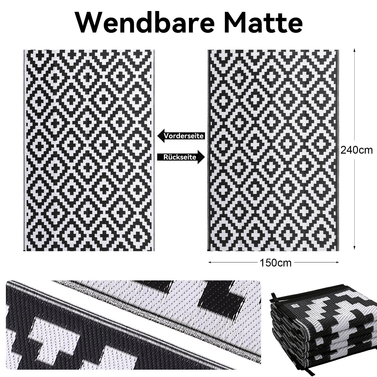 Homaxy Tappeto per esterni, resistente alle intemperie e raggi UV, lavabile, per balcone, giardino, terrazza, campeggio e picnic, 150 x 240 cm, nero e bianco