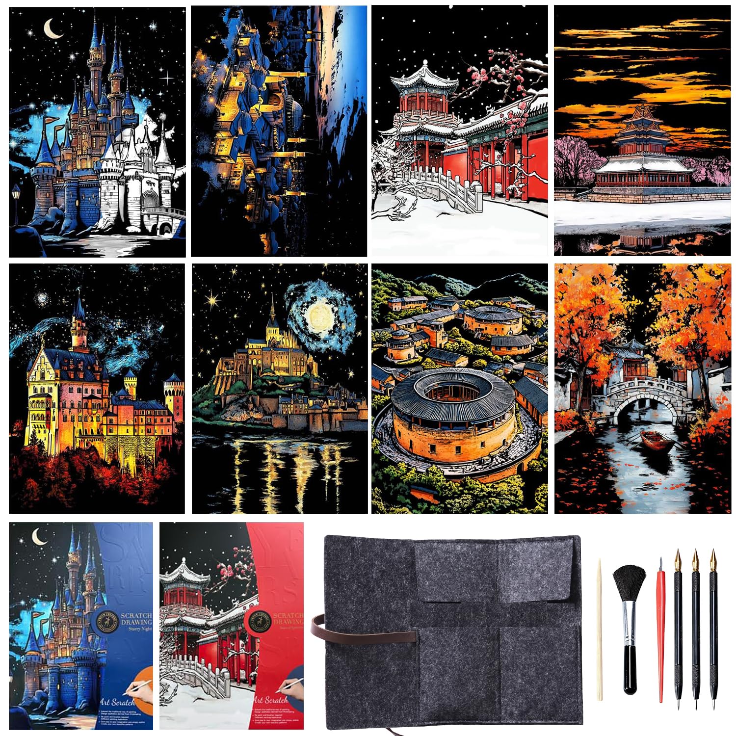 8-Pack A3 Scratch Art Paper Kit with Engraving Tools, City Landmark Night Scene Designs, Foil Scratchboard Craft Set for Adults and Kids (City)