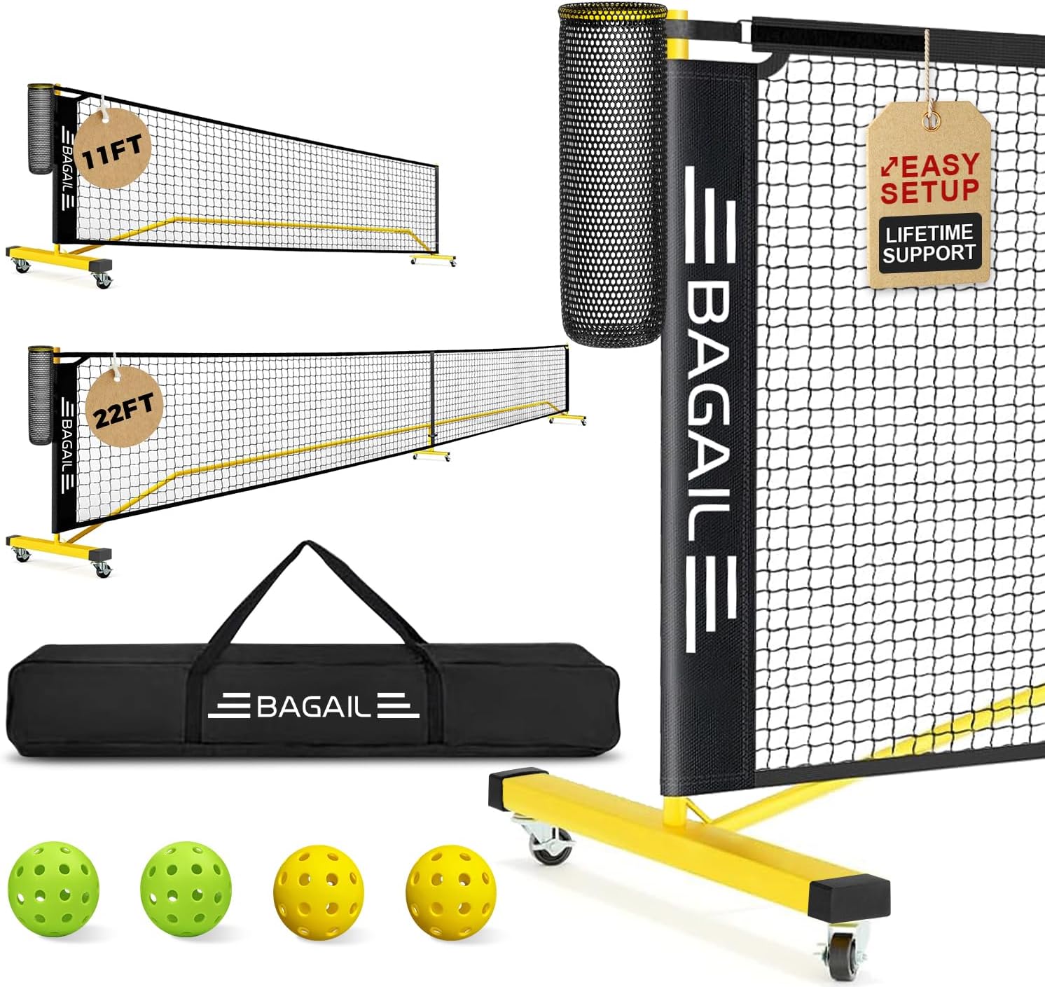 Portable Pickleball Net Set with Wheels, 22 FT Regulation Size & 11 FT Half Court Size 2-in-1 Pickle Ball Net with Ball Collector, Carry Bag, Easy Setup for Outdoor Indoor Driveway