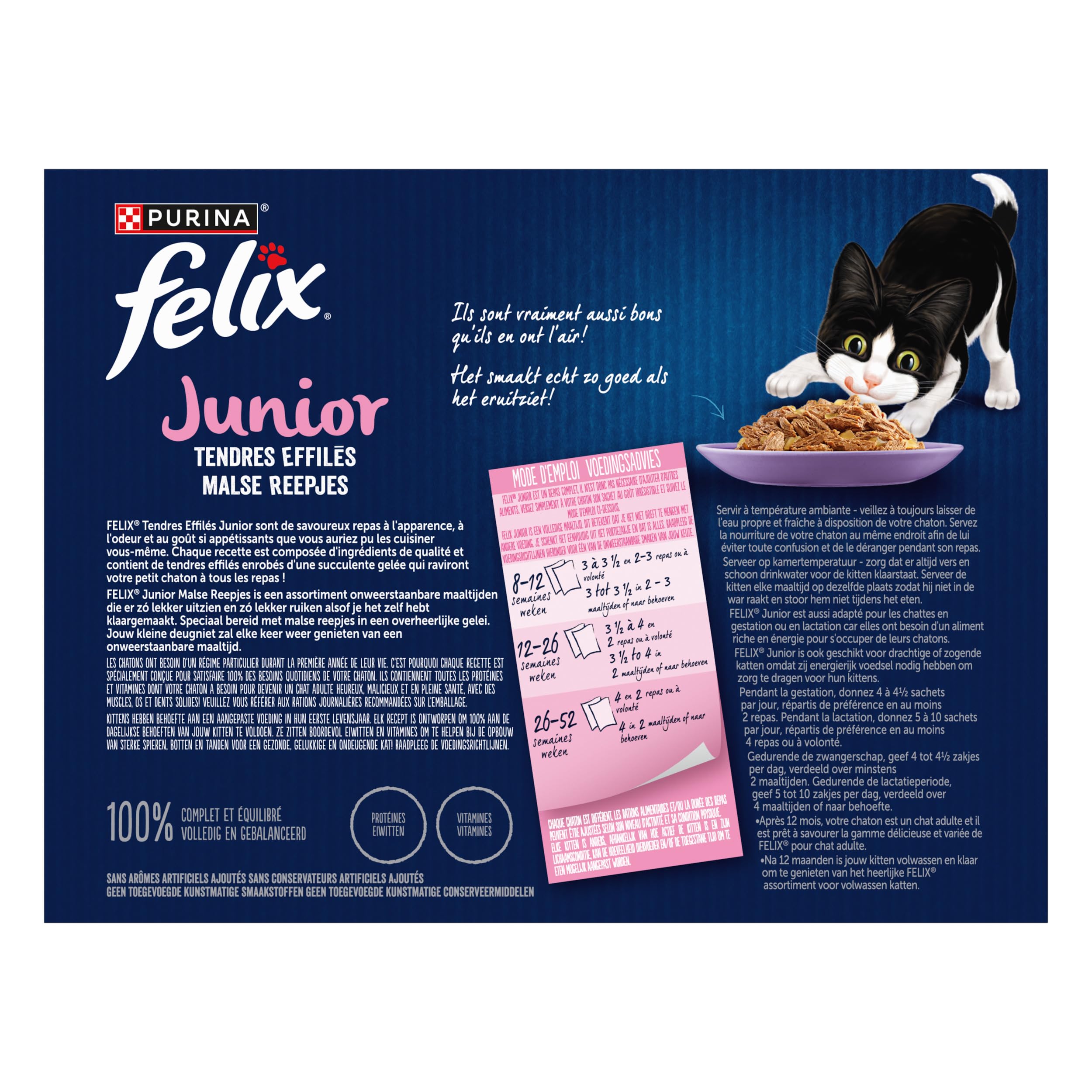 PURINA - Felix - Tendres Effilés Junior - Chat - Aliment Complet, Convient au Chaton stérilisé - Au Poulet, Au Boeuf, Au Saumon et à la Truite - Gelée - Portion Individuelle - 12 x 85g