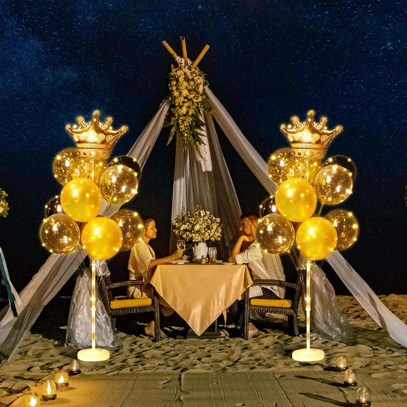 2 Set Floor Gold Crown Balloon Stand Kit with Birthday Crown LED String Lights Include 42 Balloons, 44 Balloon Sticks, 26 Balloon Cups for Birthday Wedding Baby Shower Valentines Party Decoration