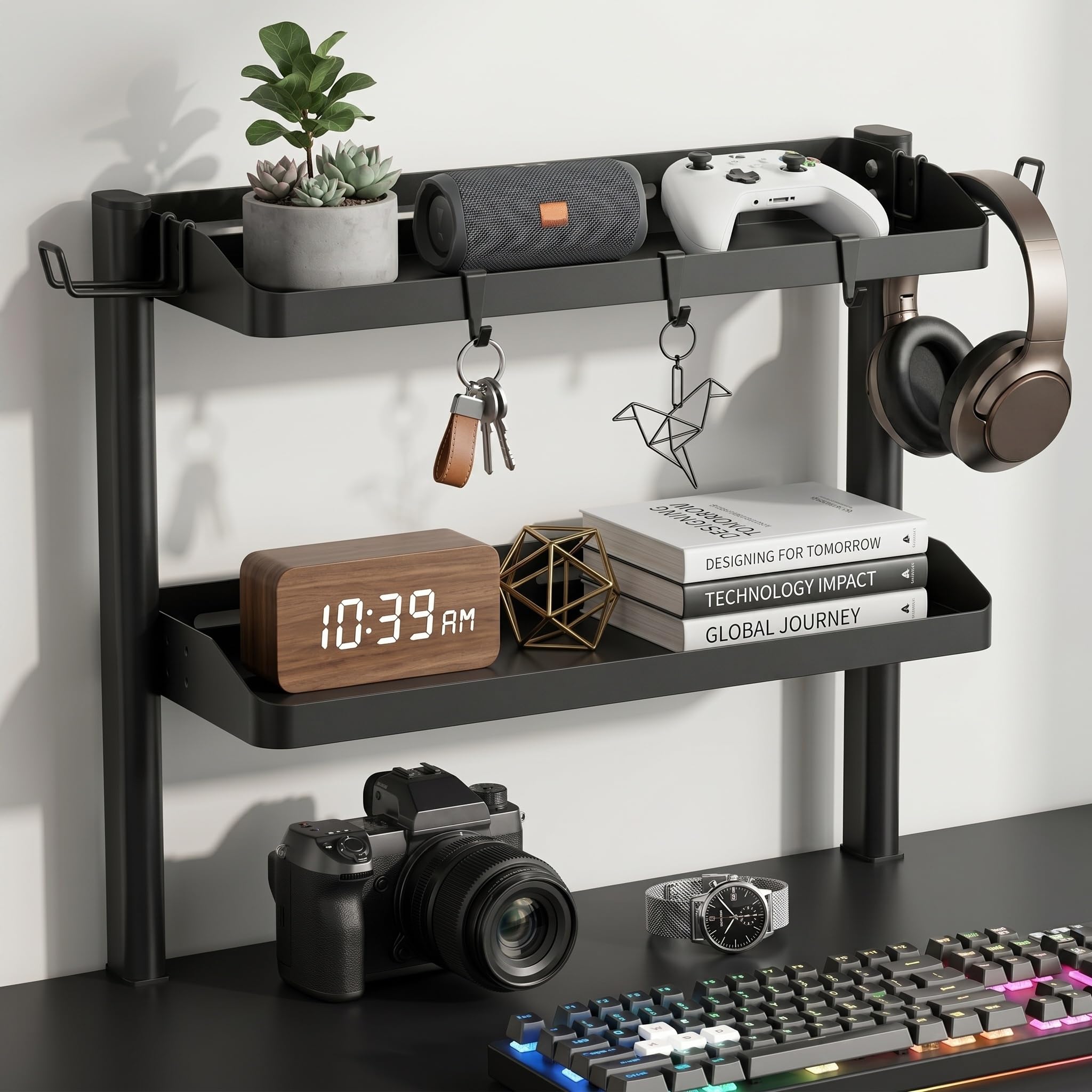 SOONHUA Organizer da scrivania a 2 animali, sopra o sotto la scrivania, con 2 supporti per cuffie e 3 ganci, non è necessario alcun foro, per dispositivi da gioco, gadget per ufficio