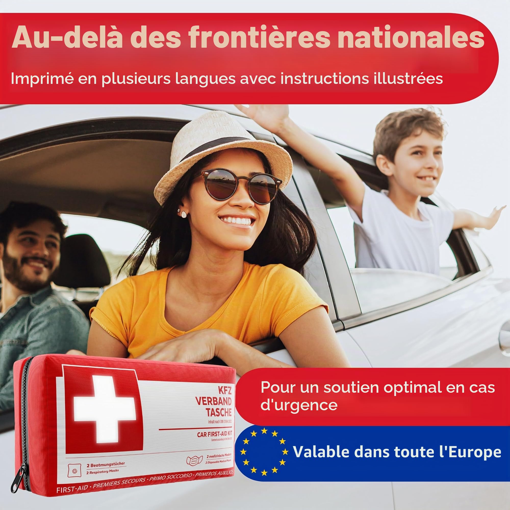 Trousse de premiers secours pour véhicule conforme à la norme 2026 incluant des serviettes de respiration - Trousse de secours pour véhicule utilisable dans toute l'Europe - Kit de premiers secours