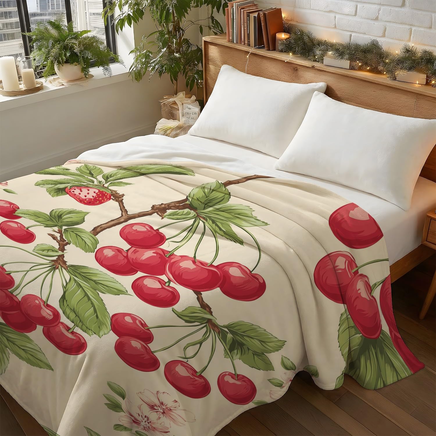 Koc do przytulania 150 cm x 200 cm, ciepły koc na sofę, miękki, przytulny koc polarowy, czerwony, zielony, flanelowy, w stylu vintage, elegancki koc z wiśni, flaneli, do sypialni