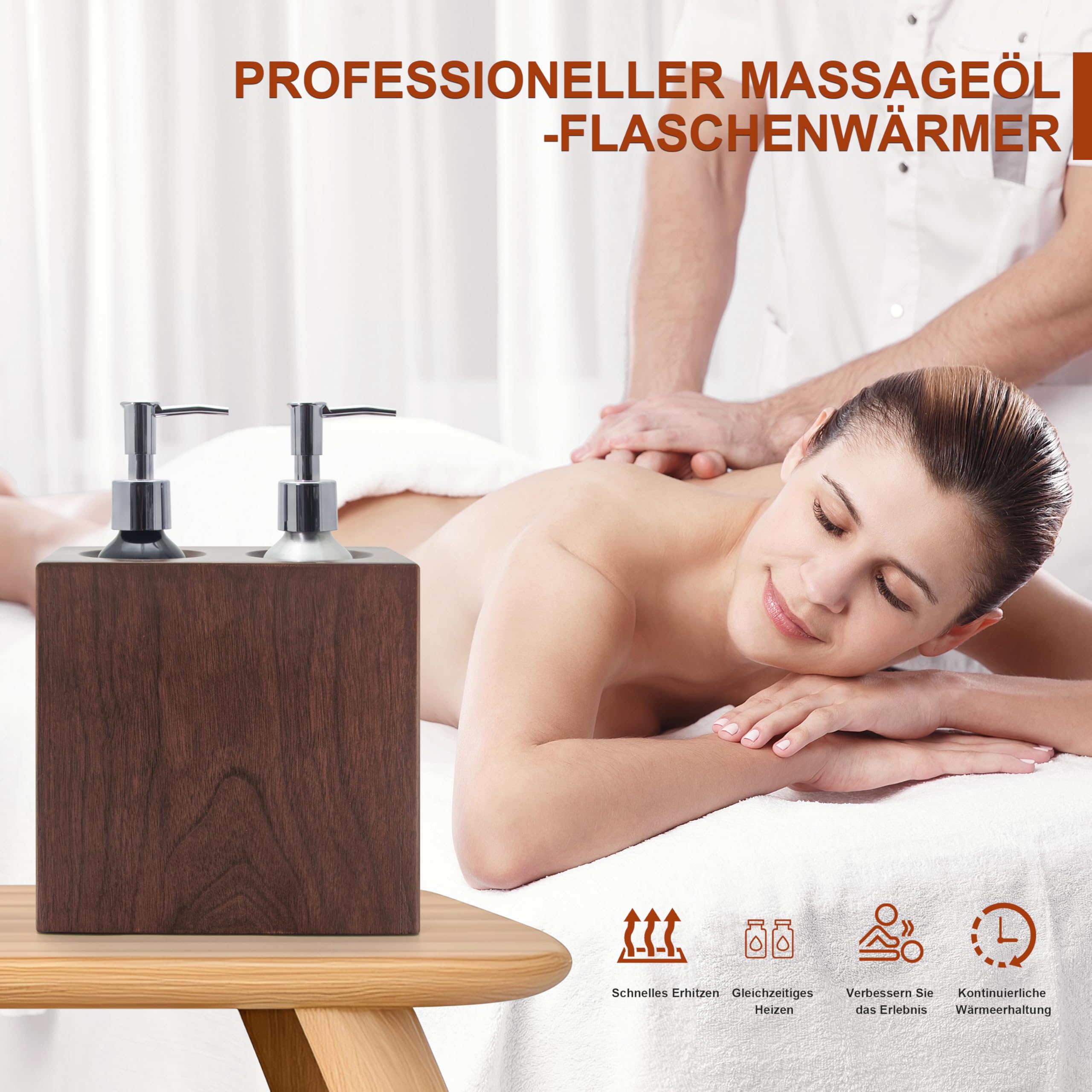 Elitzia Walnussholz Massageölwärmer Doppelflaschen-Heizungssteuerung 4 Pumpflaschen Lotion-Wärmer-Spender Beheizt 122-140°F Salon Spa ETAW04
