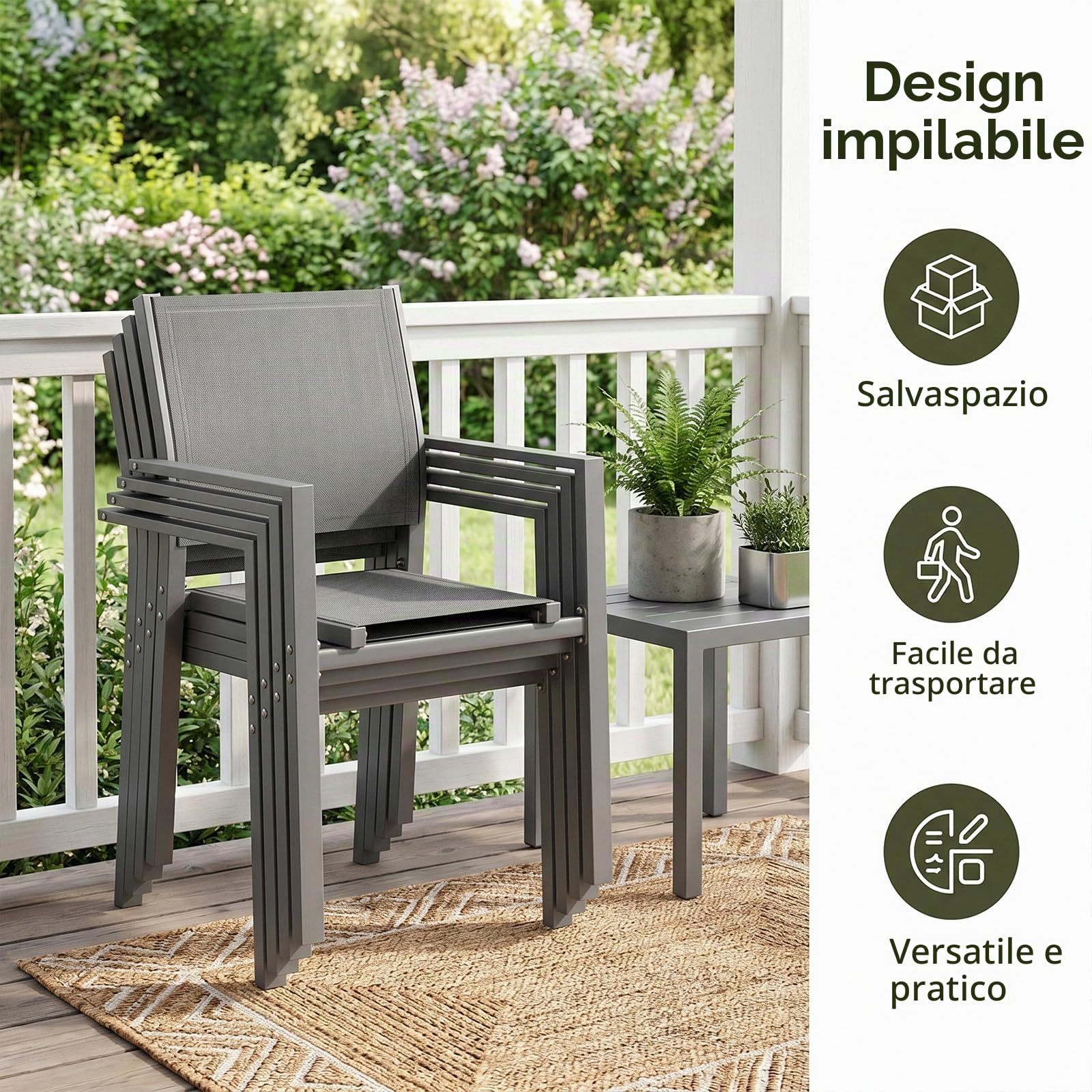 LIFERUN 4 sedie da giardino impilabili, sedie con braccioli da esterno, sedie da balcone, Teslin con struttura in metallo, per esterni, terrazza, giardino, piscina, fino a 120 kg, Grigio, 4pcs | fino a 120 kg, sedia da pranzo in metallo e Teslin, traspira