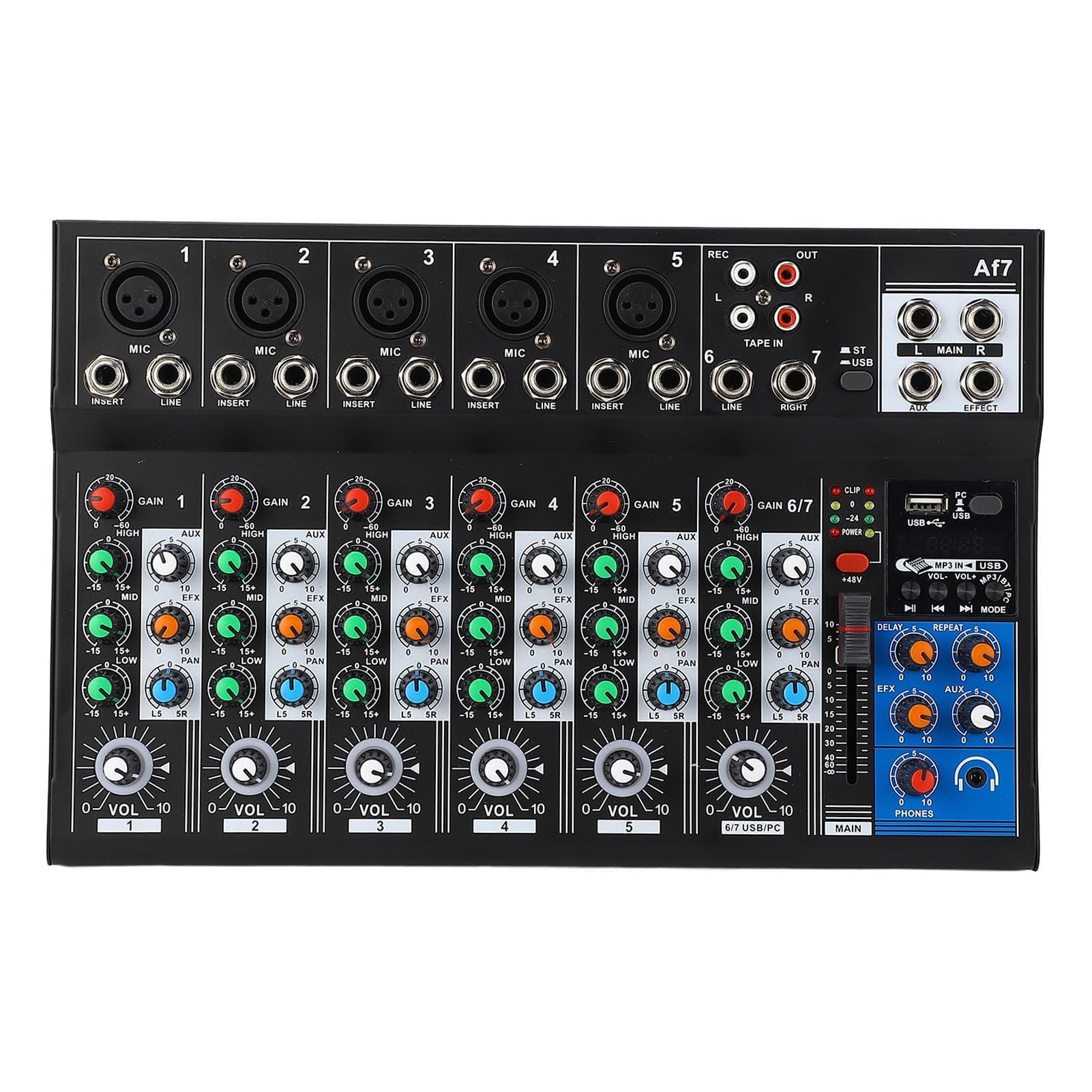 Dpofirs Mixer Audio Professionale con Interfaccia USB a 7 con Funzione BT per Performance Home Stage Realizzato in Lega di Alluminio