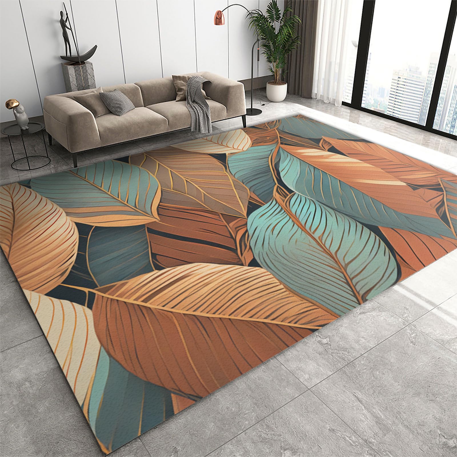 Tapis de salon 180x240 cm avec motif abstrait de feuilles colorées dégradées