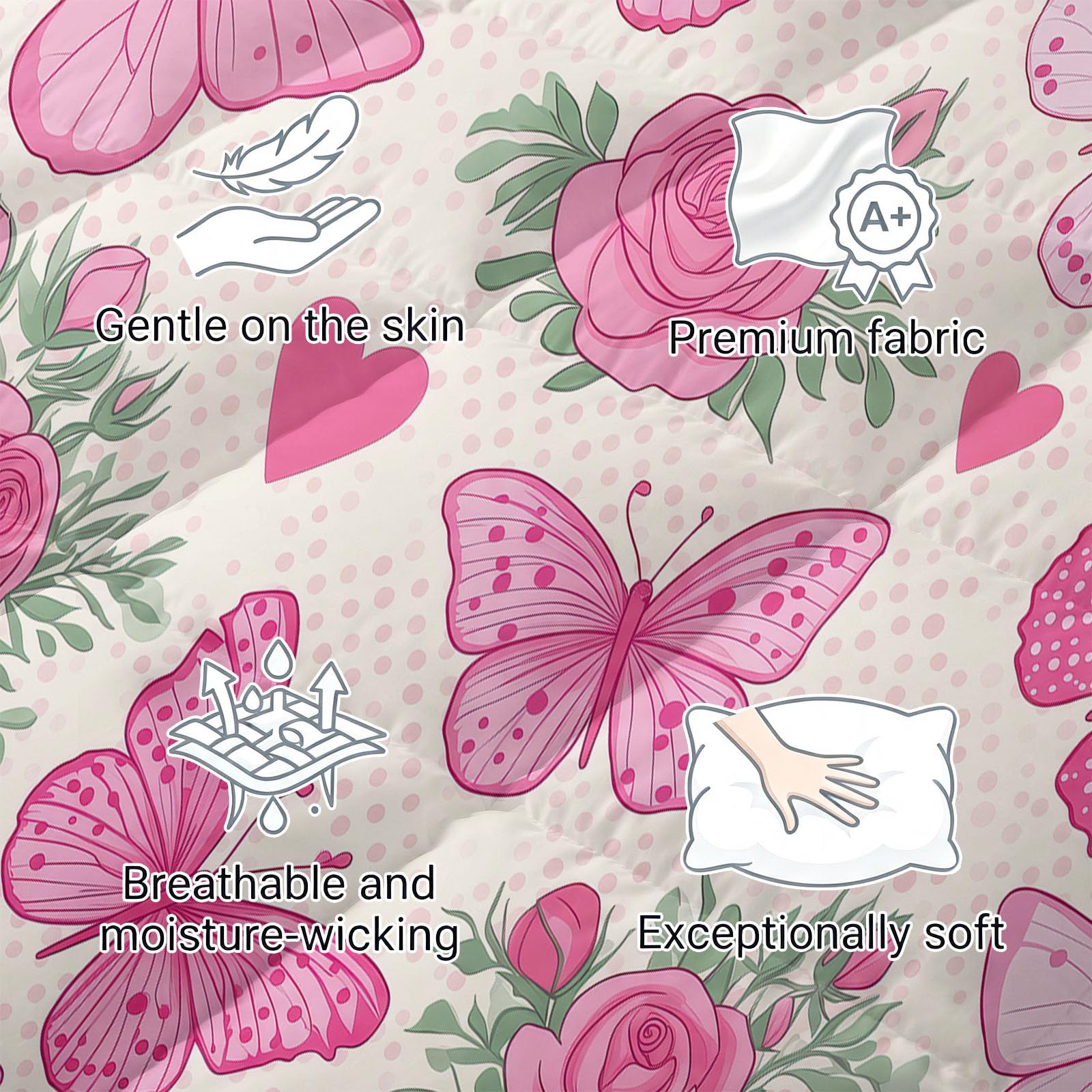 Edredón sin funda de 135 x 200 cm para las 4 estaciones, para niñas, con diseño de mariposas, insectos, corazón, reversible, lavable, para todo el año, romántico, estilo princesas, cuatro estaciones