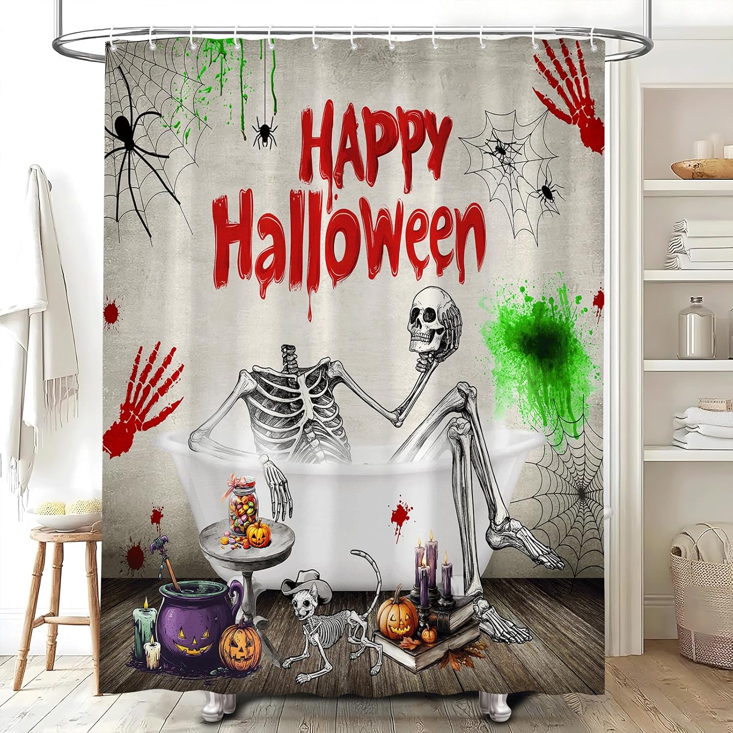 Halloween Skull Skeleton Shower Curtain Funny Cool Fall Pumpkin Spooky Cat Spider Web Gothic Day of The Dead Bathtub Bathroom Decor Accessories Fabric with Hooks 70Wx90H Inch