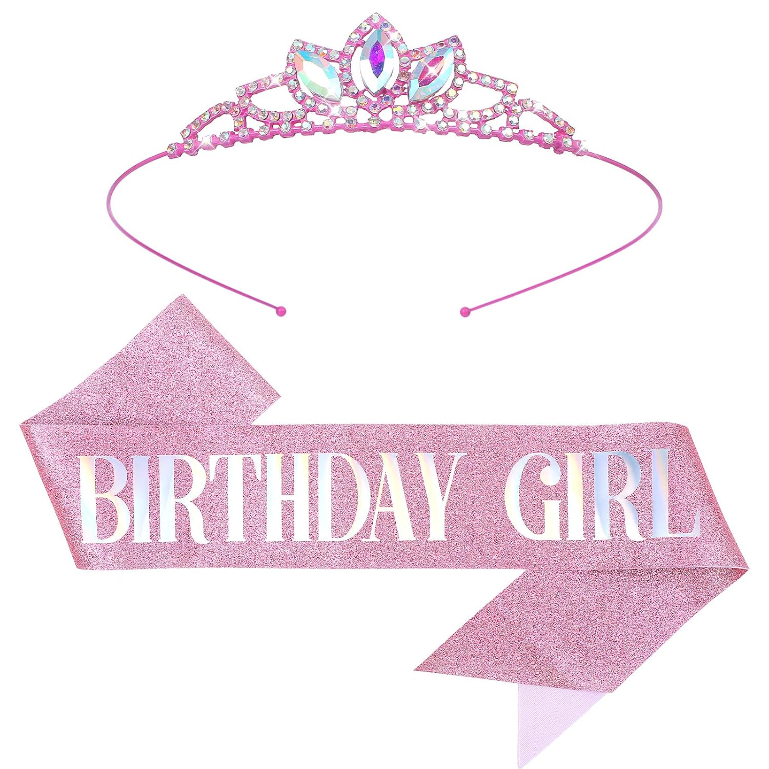 Pink Birthday Tiara Crown and Sash Set for Women Crystal Rhinestone Headband Hair Accessories Princess Party Costume Wedding Birthday Celebration Supplies Gift Happy Birth Day Decorations