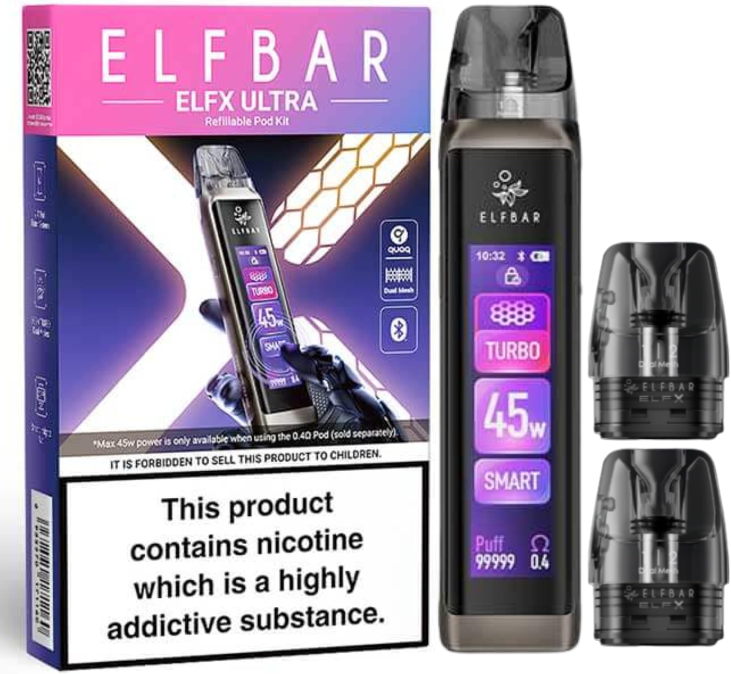 Elfbar Elfx Ultra Refillable Vape Pod Kit [Grey]- 1500mAh 4-Day Battery - Elfx Pod Series Compatible, 2.4" Touch Screen, Dual Mesh Tech, 45W Max Power, 2ml Capacity, No Nicotine