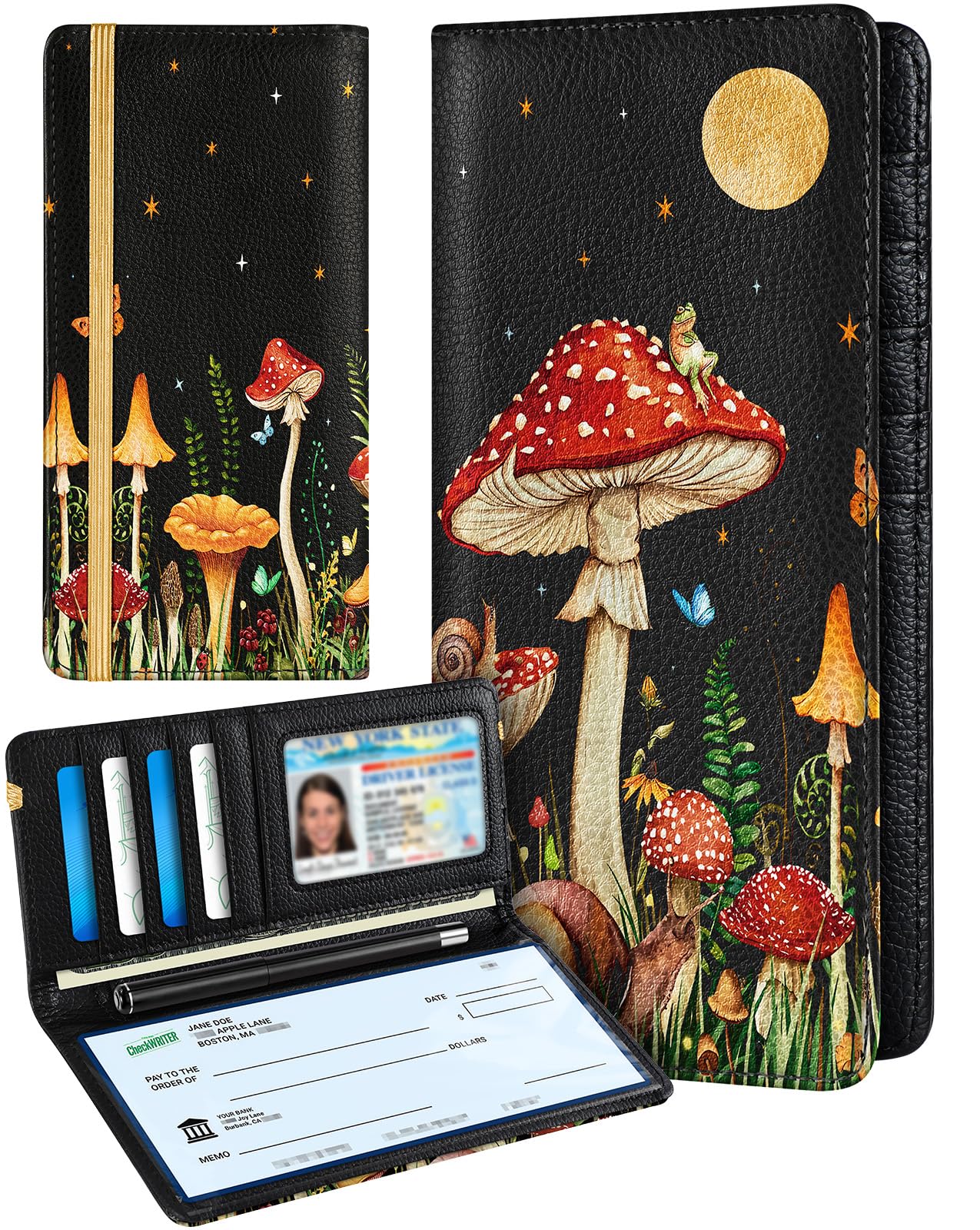 Slohif Checkbook Cover for Personal Duplicate Checks - Leather Check Book Wallet Holder for Women Mushroom Print Top Stub
