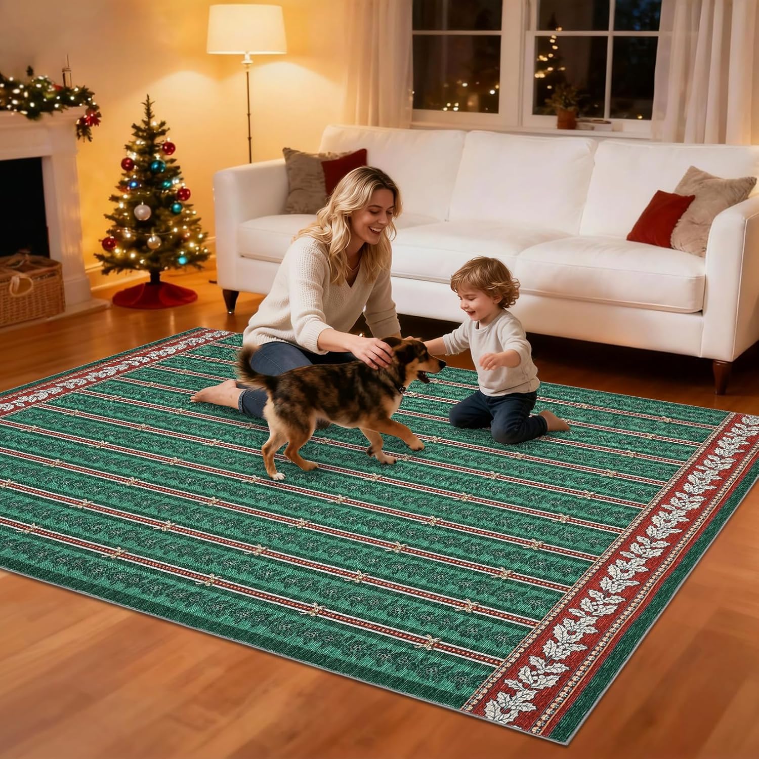 GarveeHome Christmas Rugs 3x5, Entryway Machine Washable Rug with Non Slip Backing, Low-Pile Stain Resistant Doormat for Indoor Outdoor Hallways Kitchen Bathroom Bedroom Green