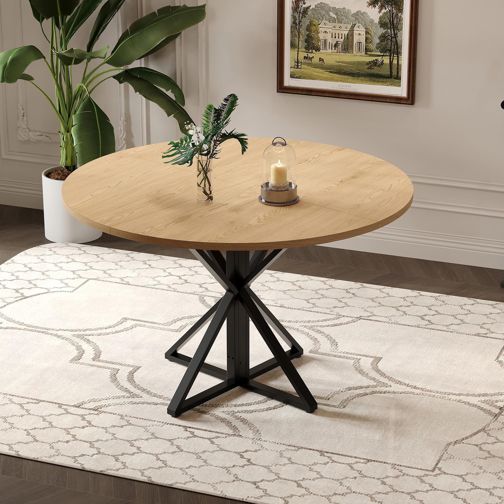 Garvee Runder Esstisch 120 cm für 4 Personen, Eichenholz-Landhausstil mit Säulenfuß, runder Küchentisch aus Holz – perfekt für Feiertage und Familienfeiern in Küche & Esszimmer