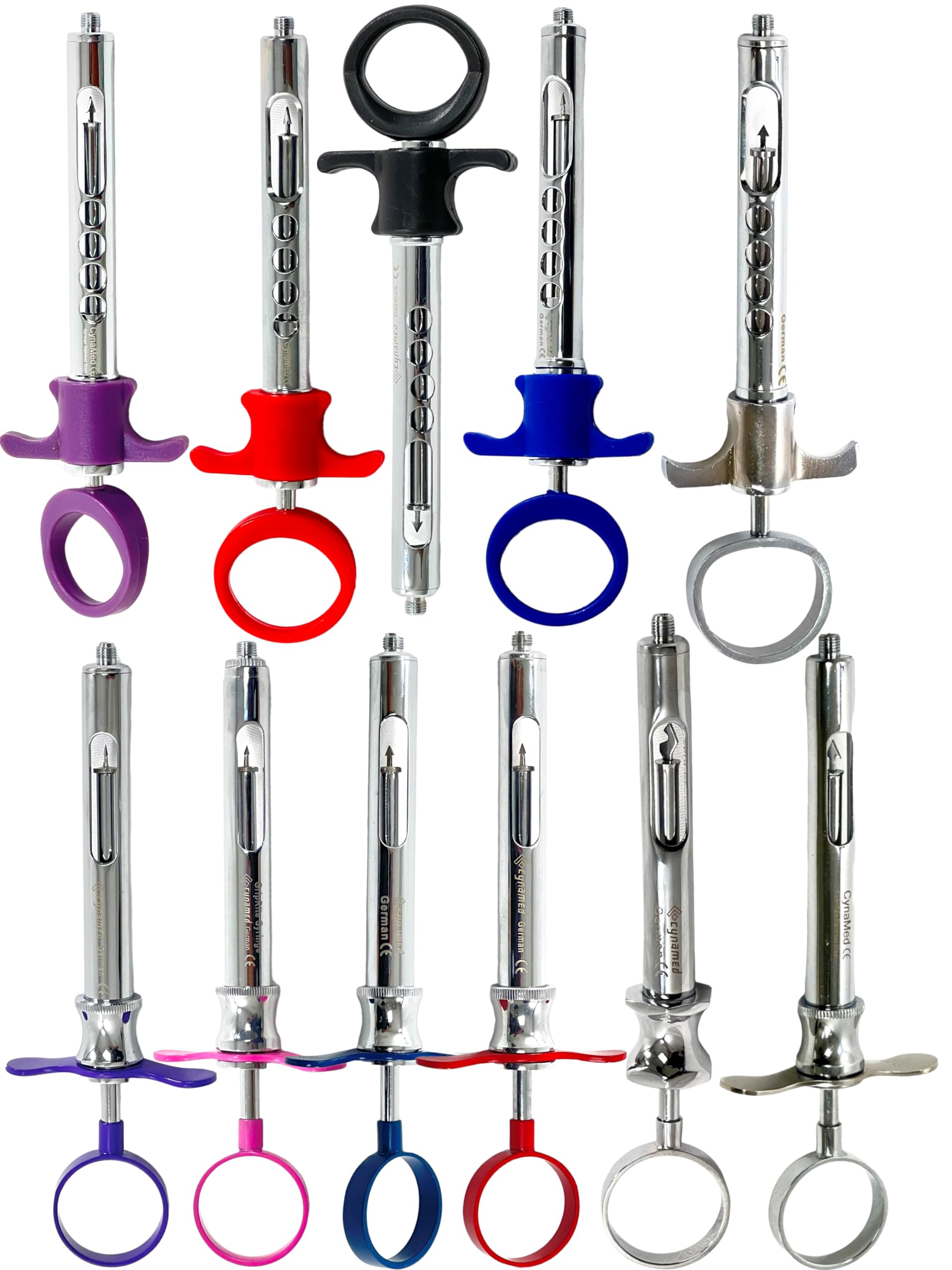 Premium German Stainless Steel Dental Anesthetic Syringe 1.8mL Cartridge Capacity, Plastic & Metal Handle Type C-W & Type A Syringes (Set of 11)