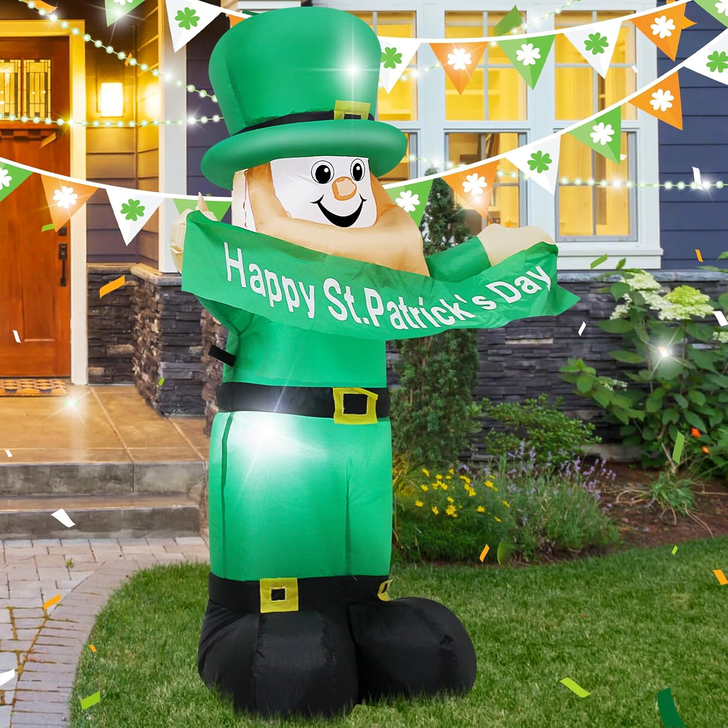 AJY 4 Ft St. Patrick's Day Inflatable Leprechaun Holding a Banner Blow Up Indoor Outdoor Yard Lawn Decoration
