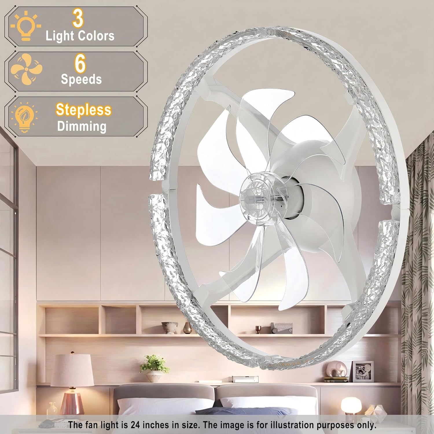 Ceiling Fans with Lights, 24 Inch Low Profile Flush Mount Ceiling Fan, 3000K-6500K, Stepless Dimming Fan Light, 6 Speeds, Ceiling Fan with Air Circulation for Smaller Rooms, Remote Control with Timer
