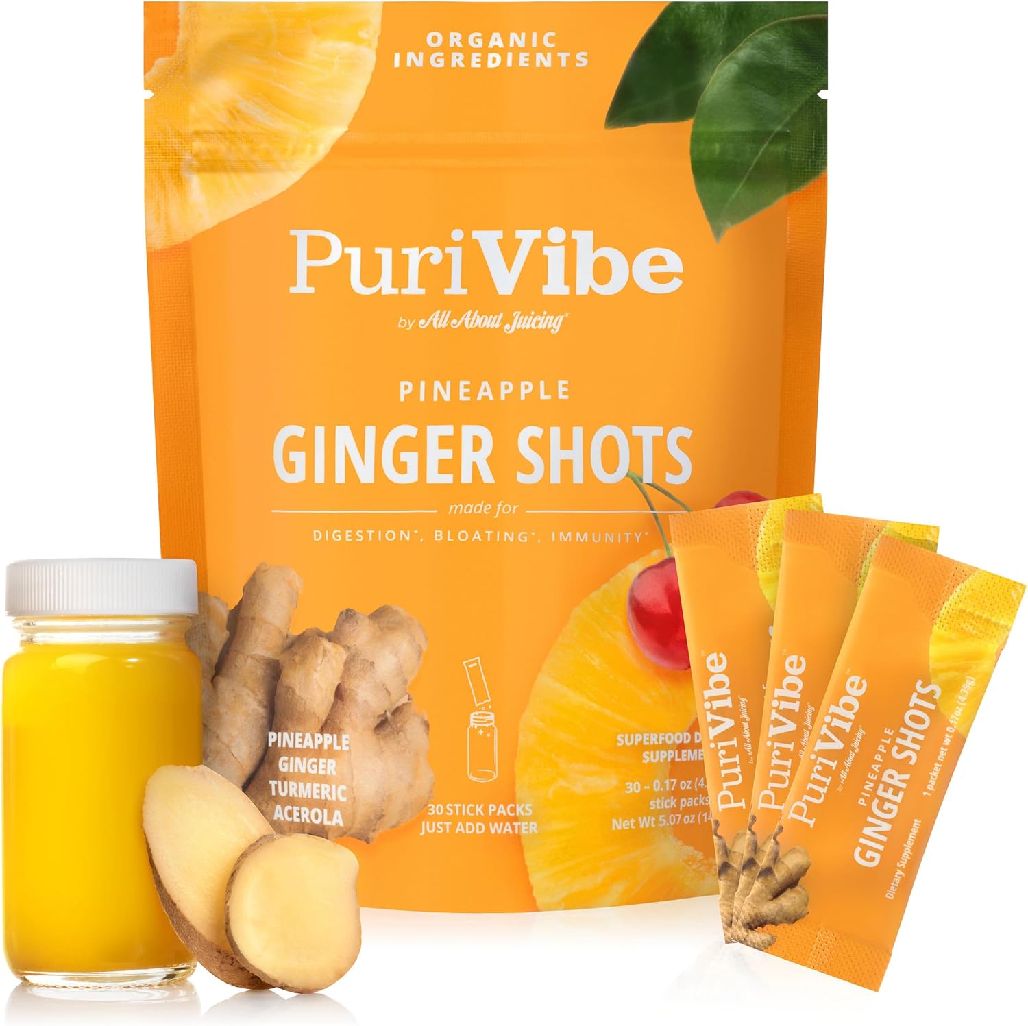 All About Juicing Ginger Shots with Pineapple & Turmeric - Superfood Juice Powder - Immunity, Digestion & Energy Support - 30 Wellness Stick Packs - PuriVibe