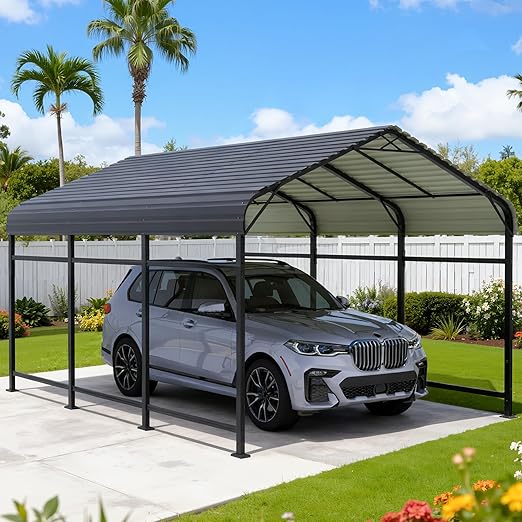 Greesum 10x15FT Metal Carport with Heavy Duty Frame and Galvanized Steel Roof, Round Carports with Side Support Rods, Canopy Shelter for Car, Pickup Trucks, Boats and Tractors, Party, Gray