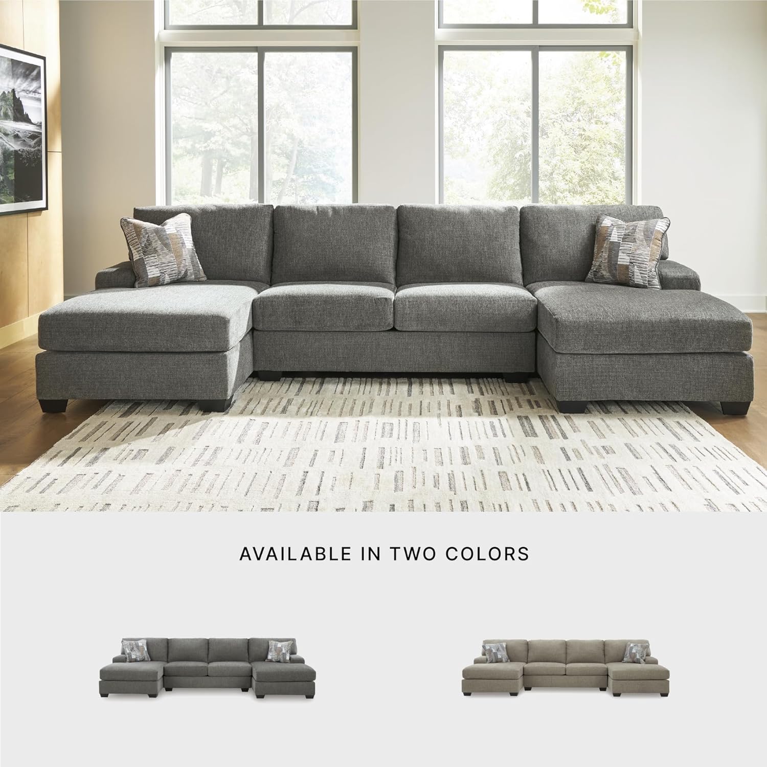 Signature Design by Ashley Seyler Lane Modern 2-in-1 Convertible 3-Piece Sleeper Sectional with Double Chaise, Loose Seat Cushions, Bi-Fold Memory Foam Mattress and 2 Accent Pillows, Full, Gray