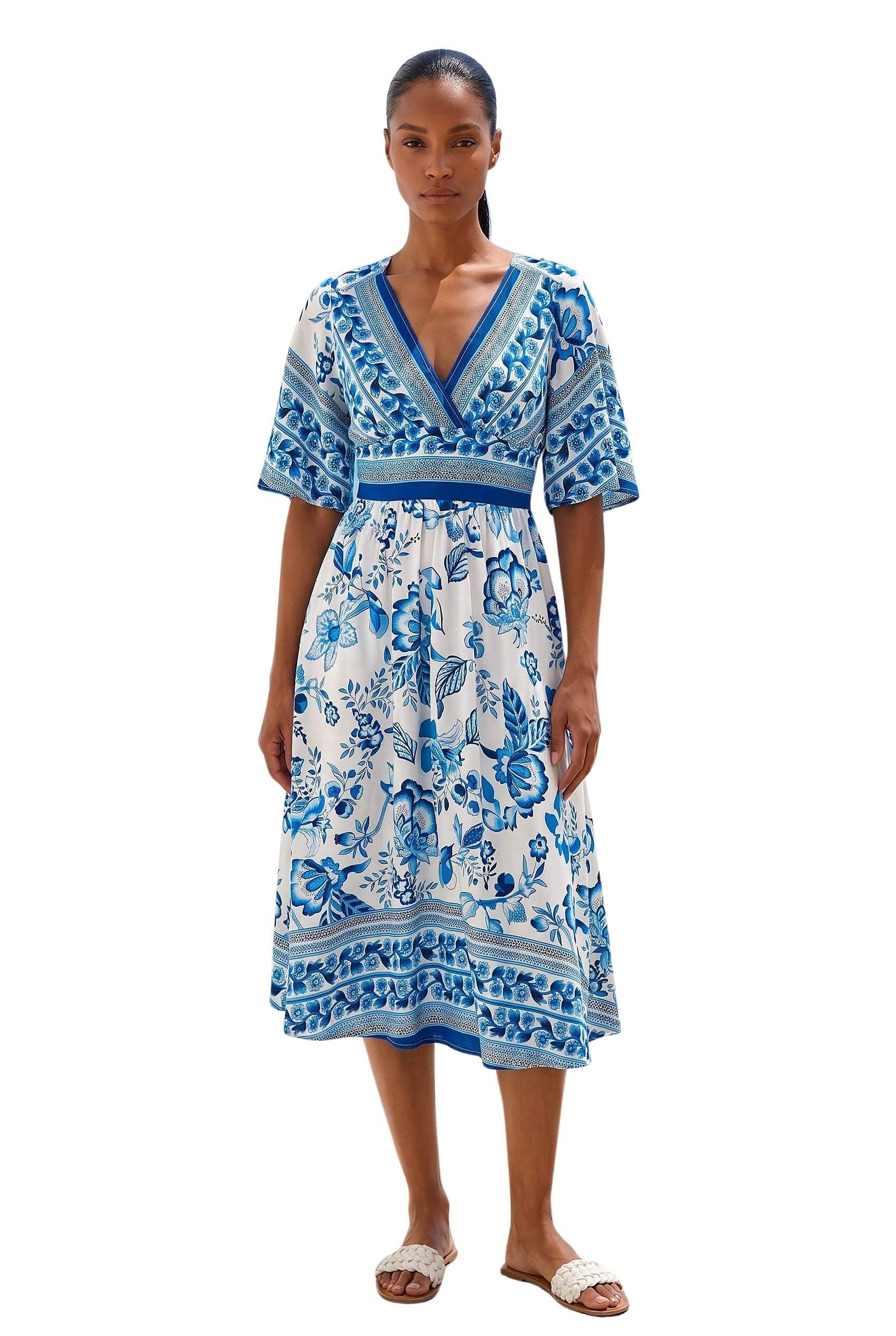 Roman Women's Blue Floral Border Print Pocket Midi Dress Size 20
