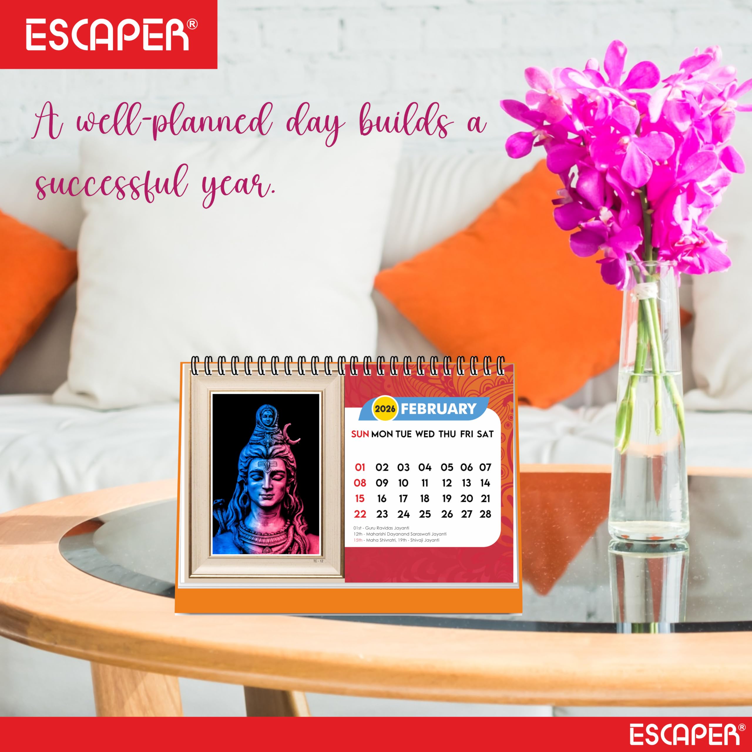 ESCAPER Tischkalender 2026 Hindu-Götter (A5) - Lord Ram, Lord Hanuman, Laddu Gopal & Lord Ganesha Tischkalender, spiritueller & religiöser Tischkalender für Zuhause & Büro